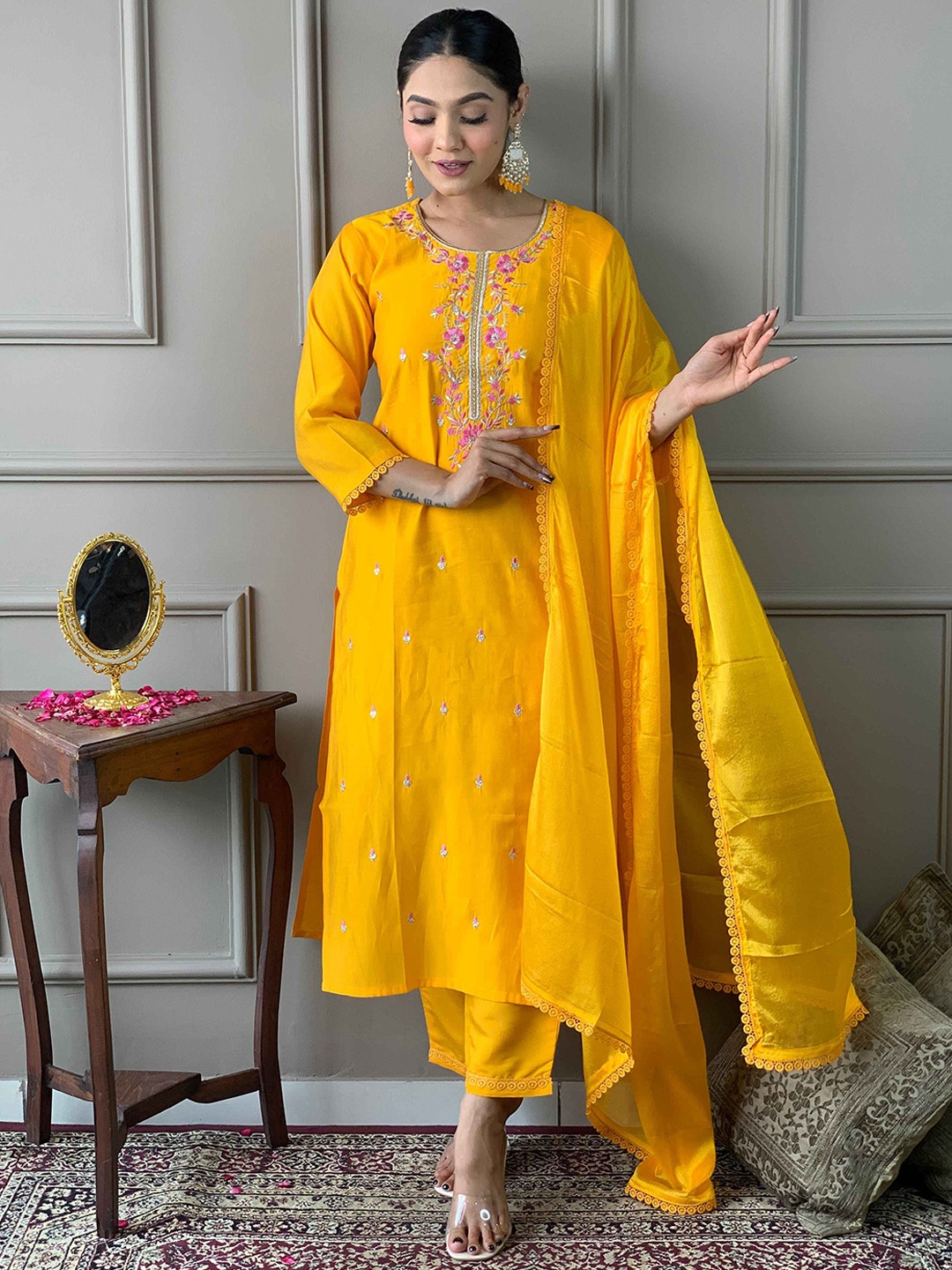 Krimmple Sequinnce Embellished Pure Silk Round Neck Kurta With Trouser & Dupatta, Mustard
Krimmple Sequinnce Embellished Pure Silk Round Neck Kurta With Trouser & Dupatta, Mustard