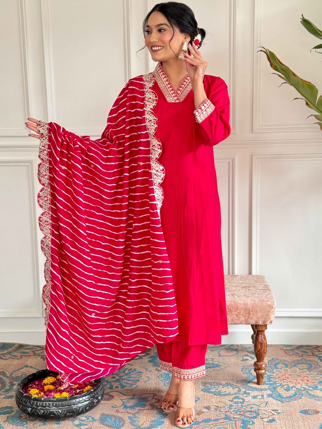 Krimmple Floral Embroidered Sequinned V Neck Pure Silk Kurta With Trousers And Dupatta, Red
Krimmple Floral Embroidered Sequinned V Neck Pure Silk Kurta With Trousers And Dupatta, Red