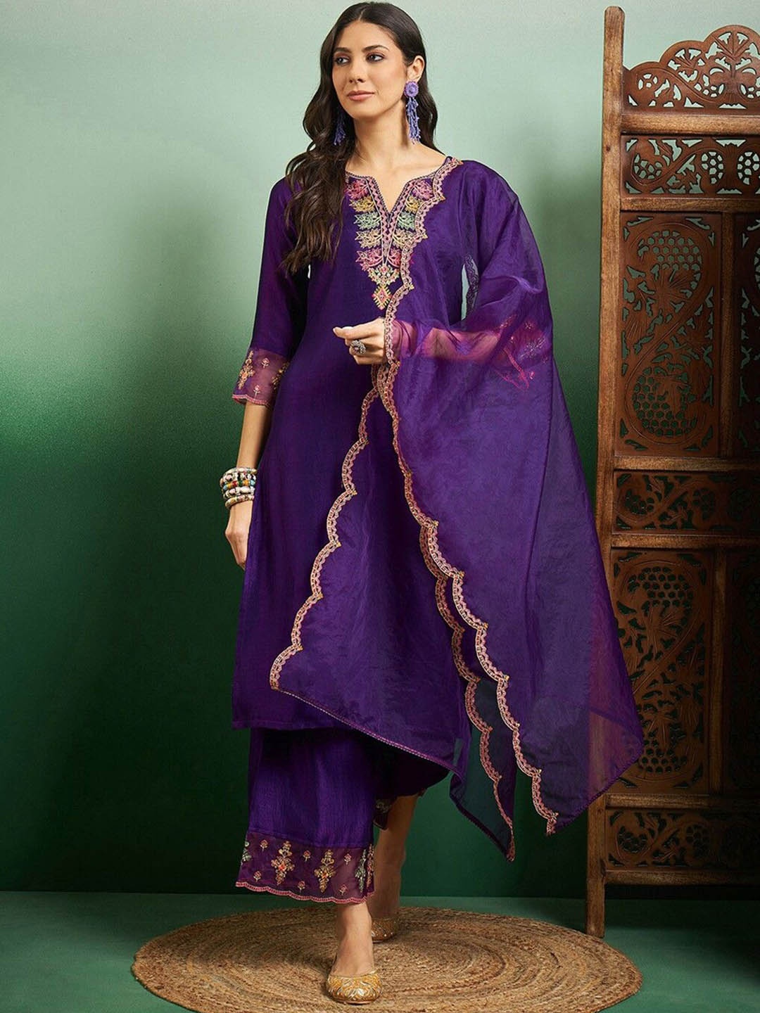 Krimmple Notch-Neck Yoke Design Chanderi Silk Straight Kurta With Trousers & Dupatta, Purple
Krimmple Notch-Neck Yoke Design Chanderi Silk Straight Kurta With Trousers & Dupatta, Purple