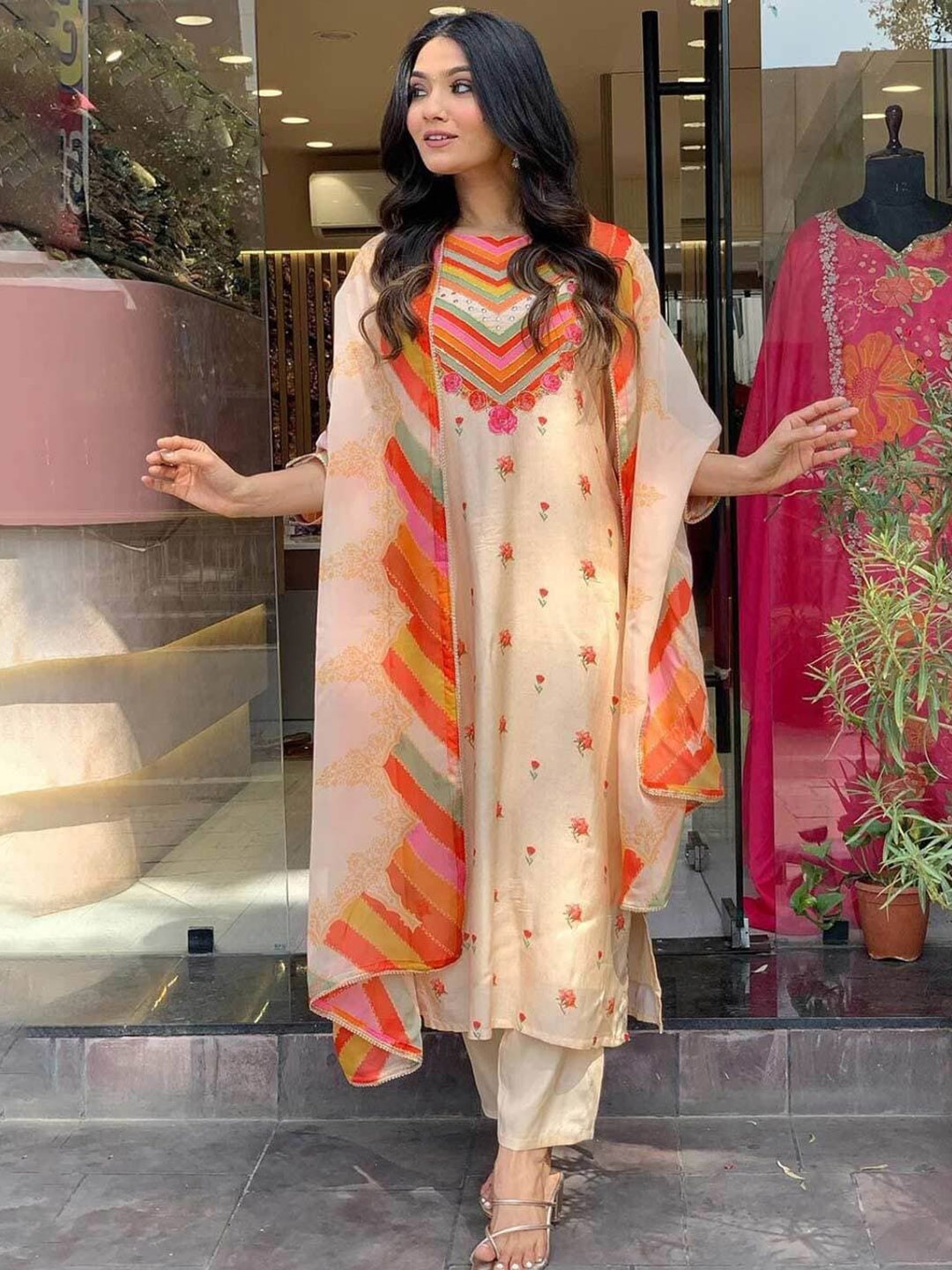 Krimmple Floral Printed Mirror Work Pure Cotton Kurta With Trousers And Dupatta, Cream
Krimmple Floral Printed Mirror Work Pure Cotton Kurta With Trousers And Dupatta, Cream