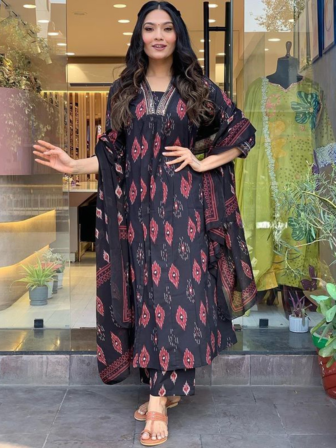 Krimmple Ethnic Motifs Printed V Neck Pure Cotton A- line Kurta With Trousers And Dupatta, Black
Krimmple Ethnic Motifs Printed V Neck Pure Cotton A- line Kurta With Trousers And Dupatta, Black