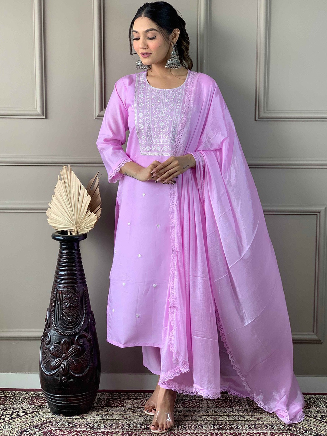 Krimmple Sequinnce Embellished Pure Silk Round Neck Kurta With Trouser & Dupatta, Purple
Krimmple Sequinnce Embellished Pure Silk Round Neck Kurta With Trouser & Dupatta, Purple