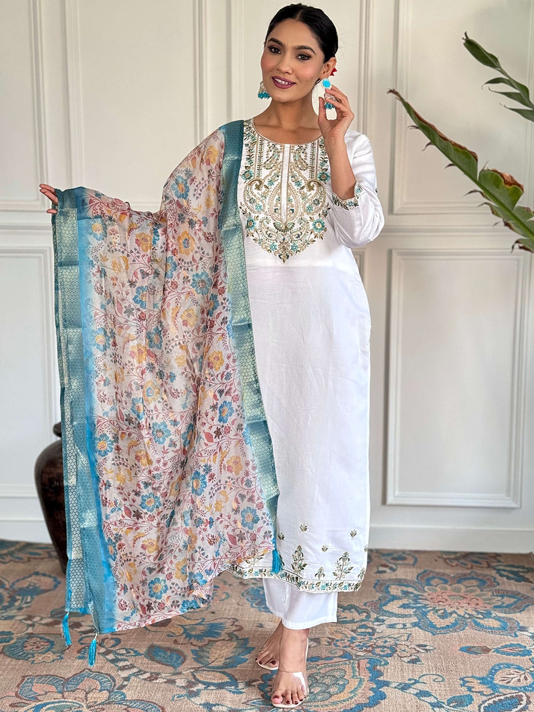 Krimmple Floral Embroidered Sequinned Pure Silk Straight Kurta With Trousers And Dupatta, White
Krimmple Floral Embroidered Sequinned Pure Silk Straight Kurta With Trousers And Dupatta, White