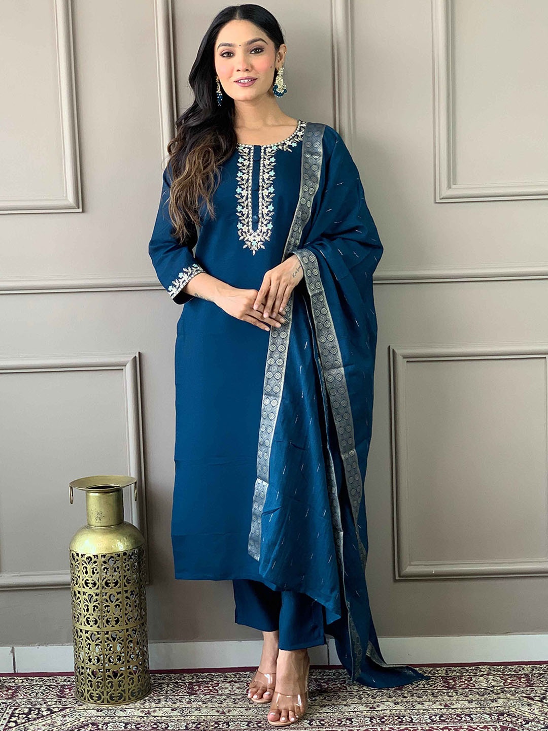 Krimmple Floral Embroidered Sequinned Pure Silk Straight Kurta With Trousers And Dupatta, Blue
Krimmple Floral Embroidered Sequinned Pure Silk Straight Kurta With Trousers And Dupatta, Blue