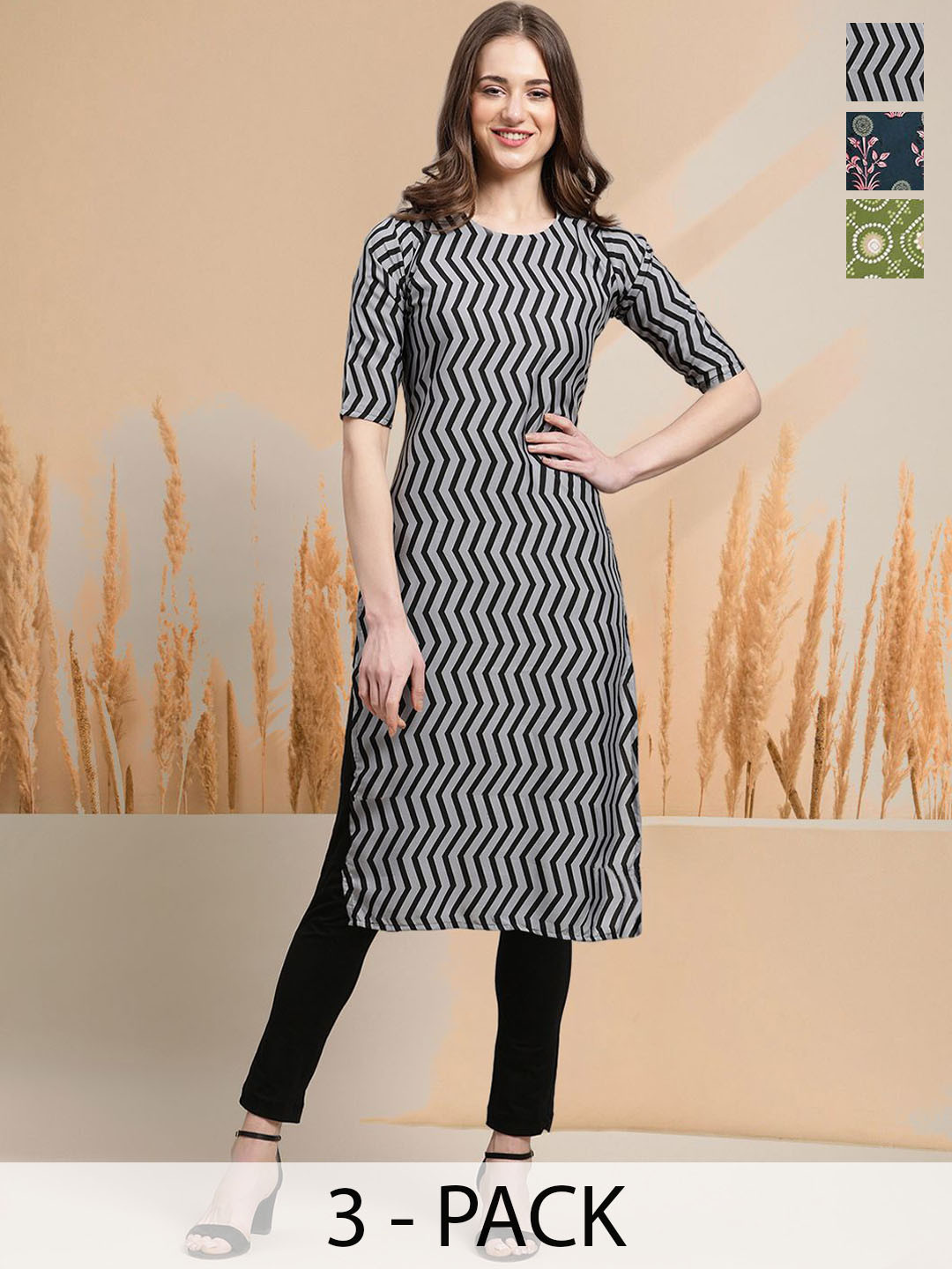 7Threads Selection of 3 Chevron Printed Round Neck Straight Kurtas, Grey 
7Threads Selection of 3 Chevron Printed Round Neck Straight Kurtas, Grey