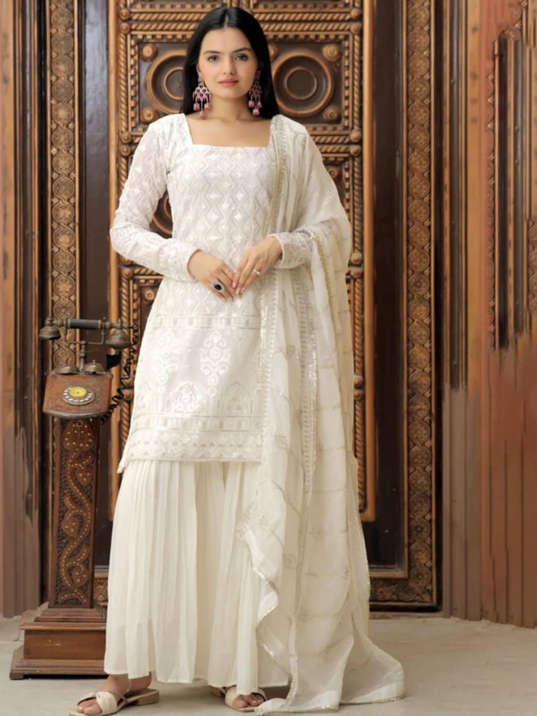 Wedani Ethnic Motifs Embroidered Square Neck Georgette Kurti With Sharara And Dupatta, White
Wedani Ethnic Motifs Embroidered Square Neck Georgette Kurti With Sharara And Dupatta, White