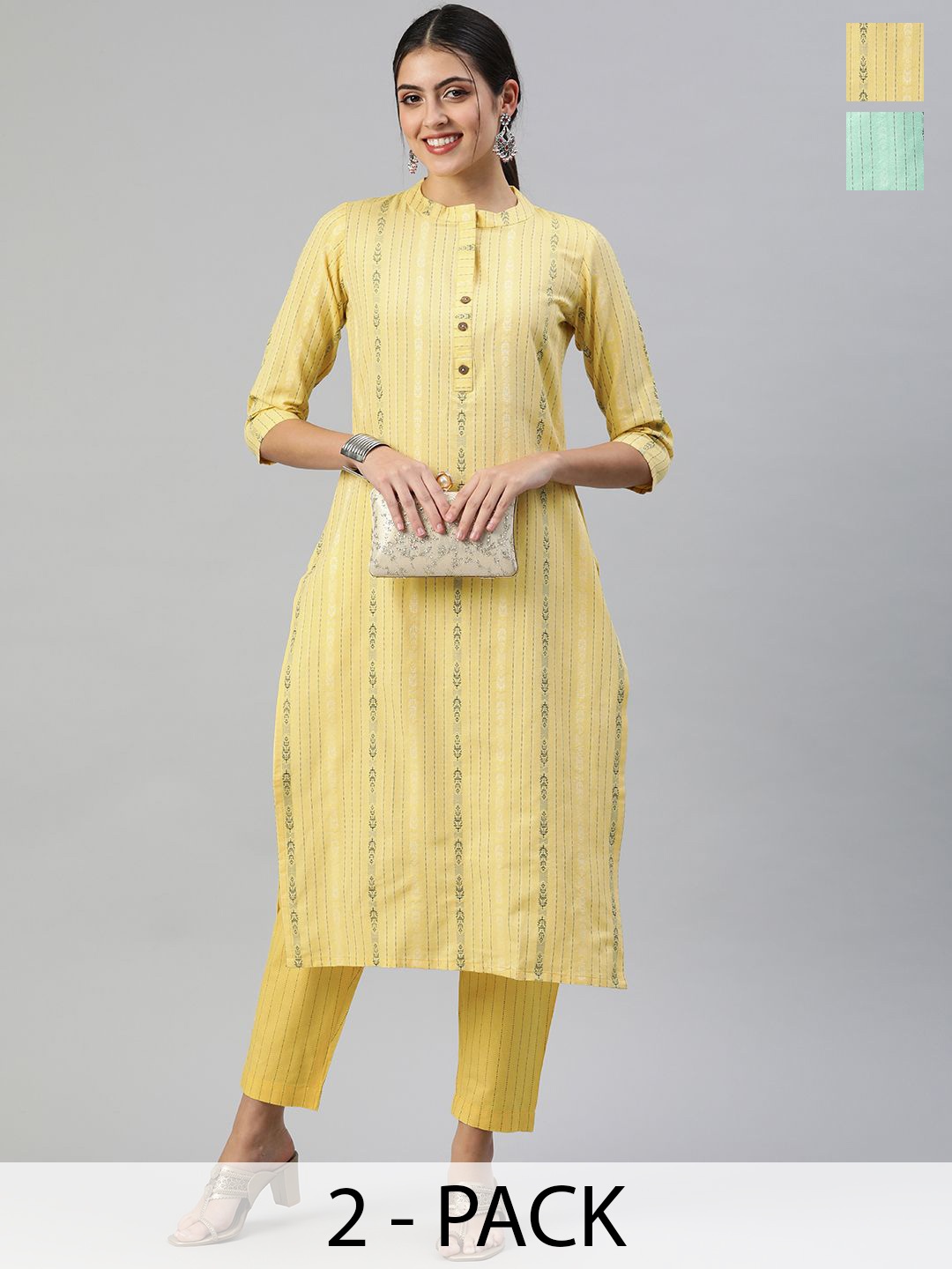 KALINI Selection Of 2 Striped Woven Design Mandarin Collar Straight Kurta With Trousers, Yellow
KALINI Selection Of 2 Striped Woven Design Mandarin Collar Straight Kurta With Trousers, Yellow