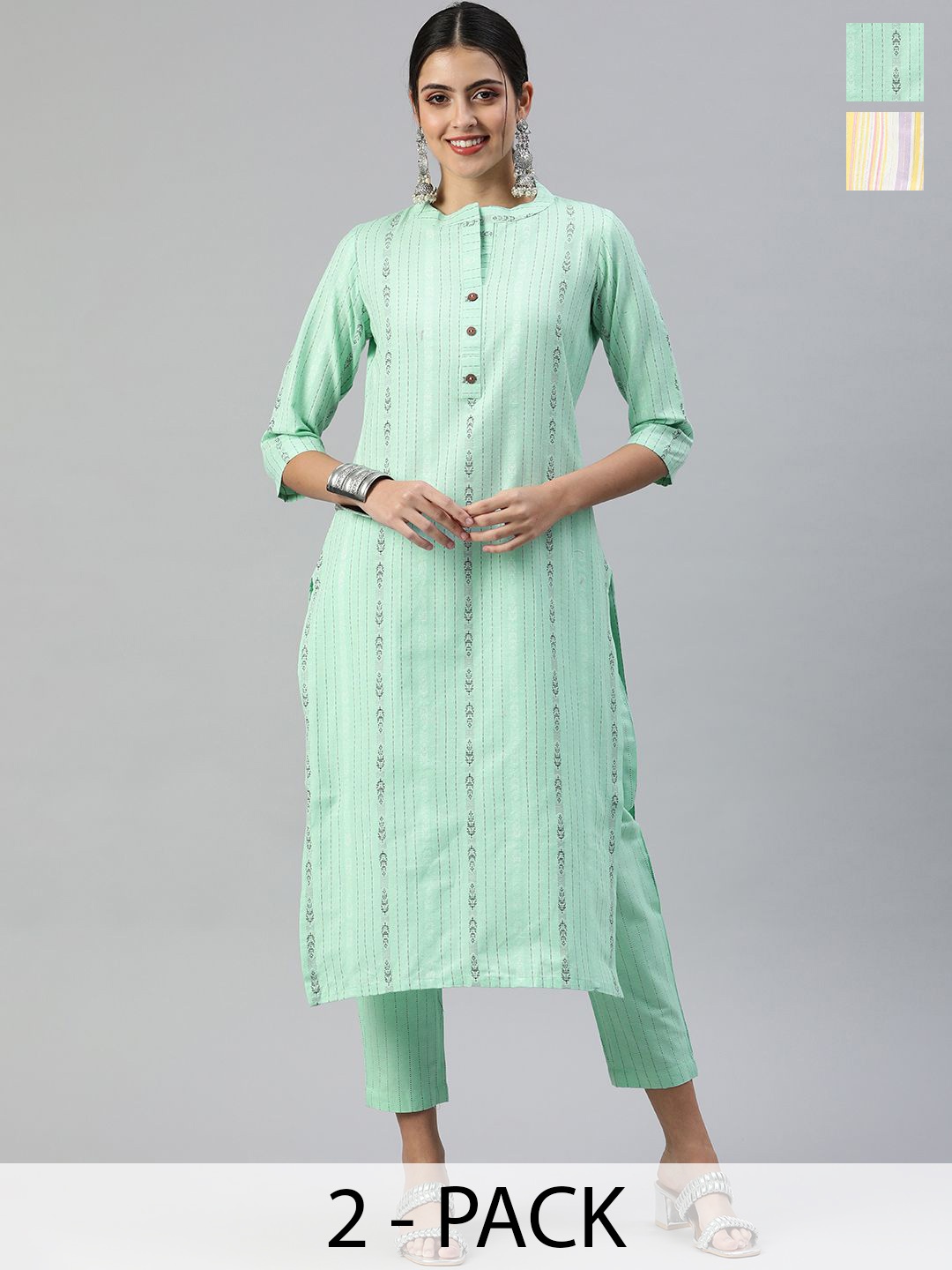 KALINI Selection Of 2 Striped Woven Design Mandarin Collar Straight Kurta With Trousers, Yellow
KALINI Selection Of 2 Striped Woven Design Mandarin Collar Straight Kurta With Trousers, Yellow