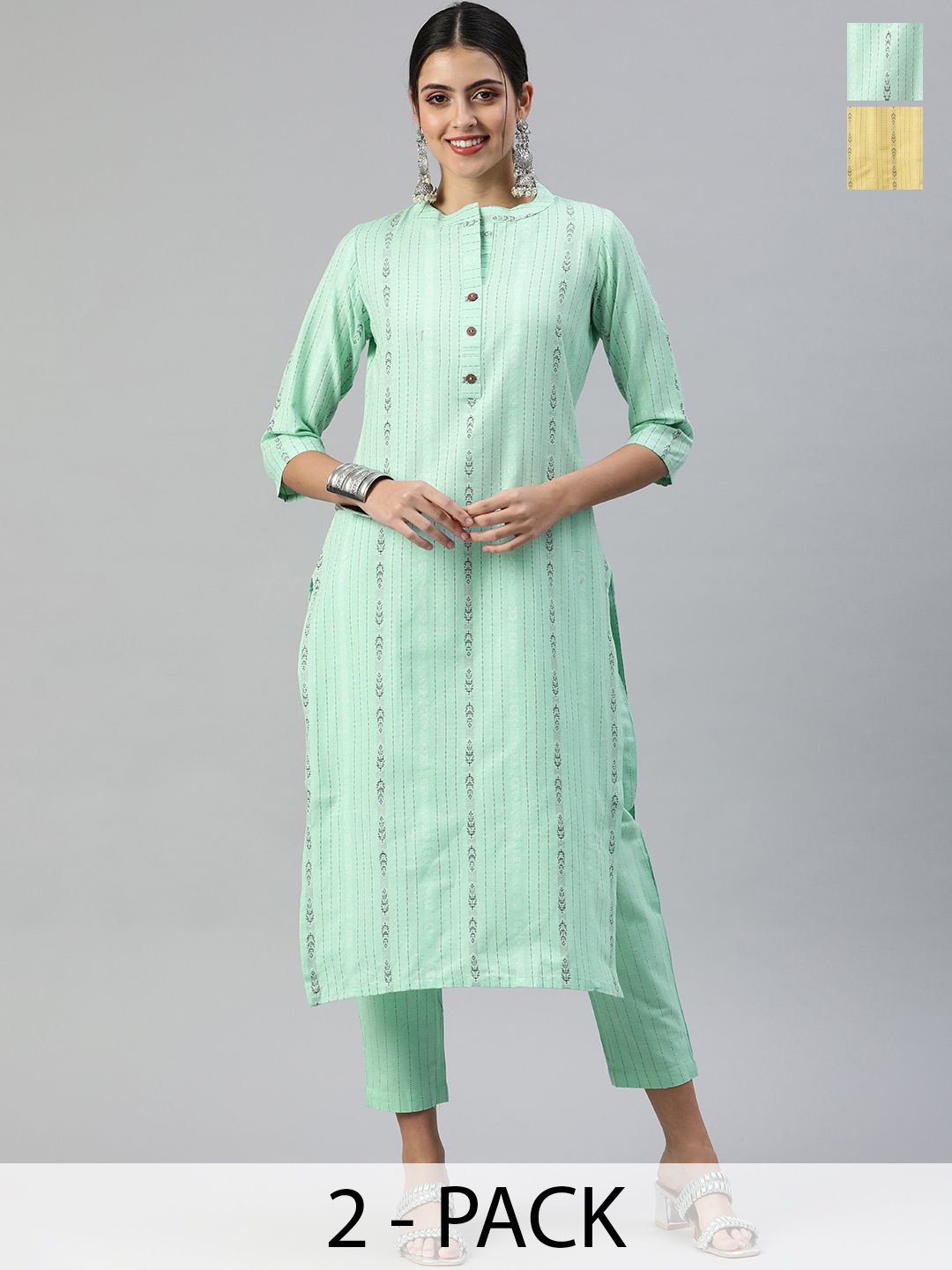 KALINI Selection of 2 Ethnic Motifs Printed Mandarin Collar Straight Kurtas With Trousers, Green
KALINI Selection of 2 Ethnic Motifs Printed Mandarin Collar Straight Kurtas With Trousers, Green