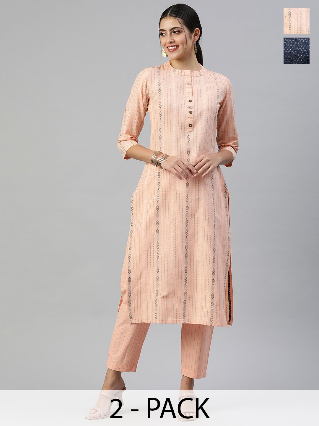 KALINI Selection Of 2 Striped Woven Design Mandarin Collar Straight Kurta With Trousers, Navy blue
KALINI Selection Of 2 Striped Woven Design Mandarin Collar Straight Kurta With Trousers, Navy blue