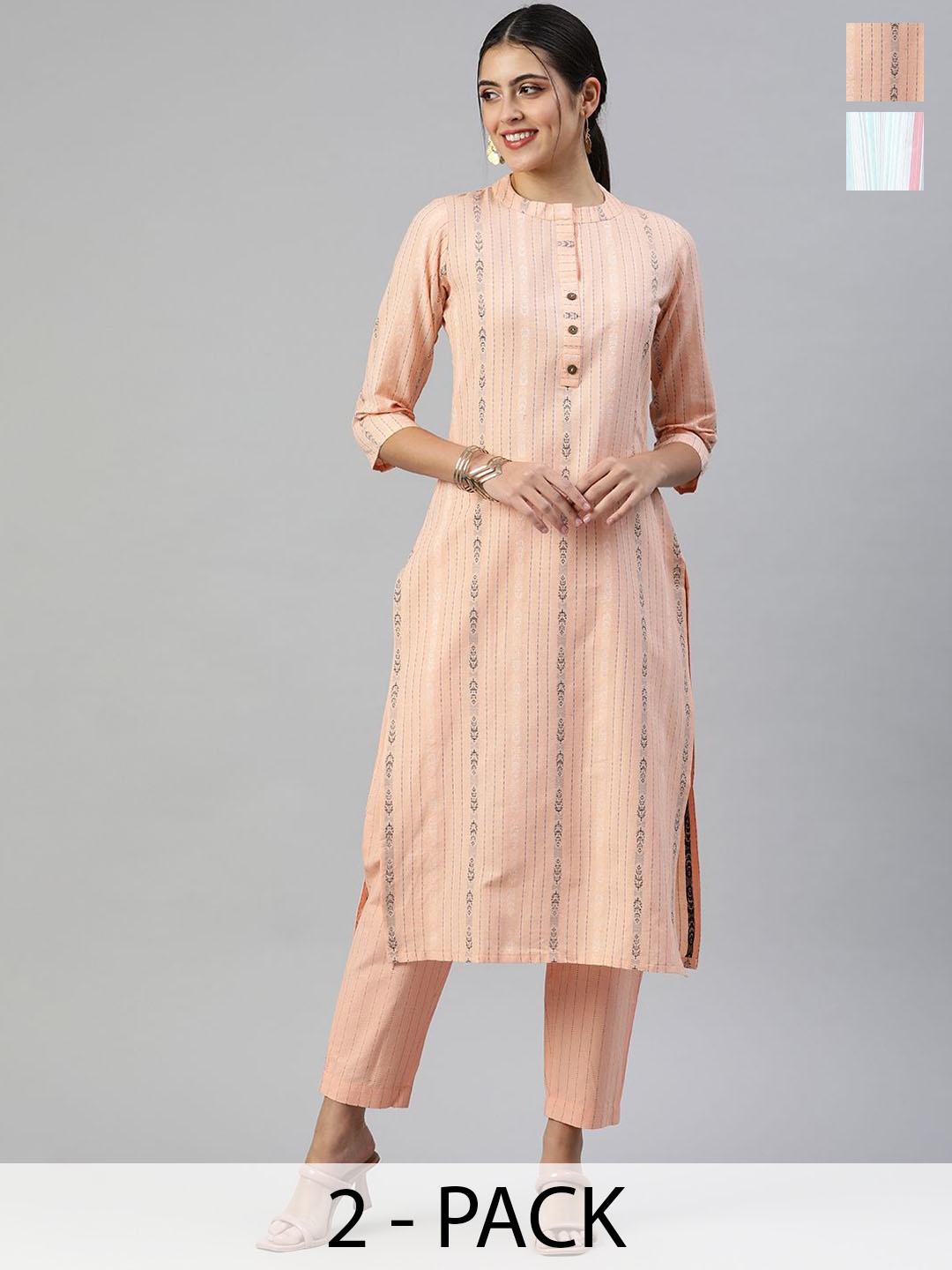 KALINI Selection Of 2 Striped Woven Design Mandarin Collar Kurta With Trousers, Peach
KALINI Selection Of 2 Striped Woven Design Mandarin Collar Kurta With Trousers, Peach