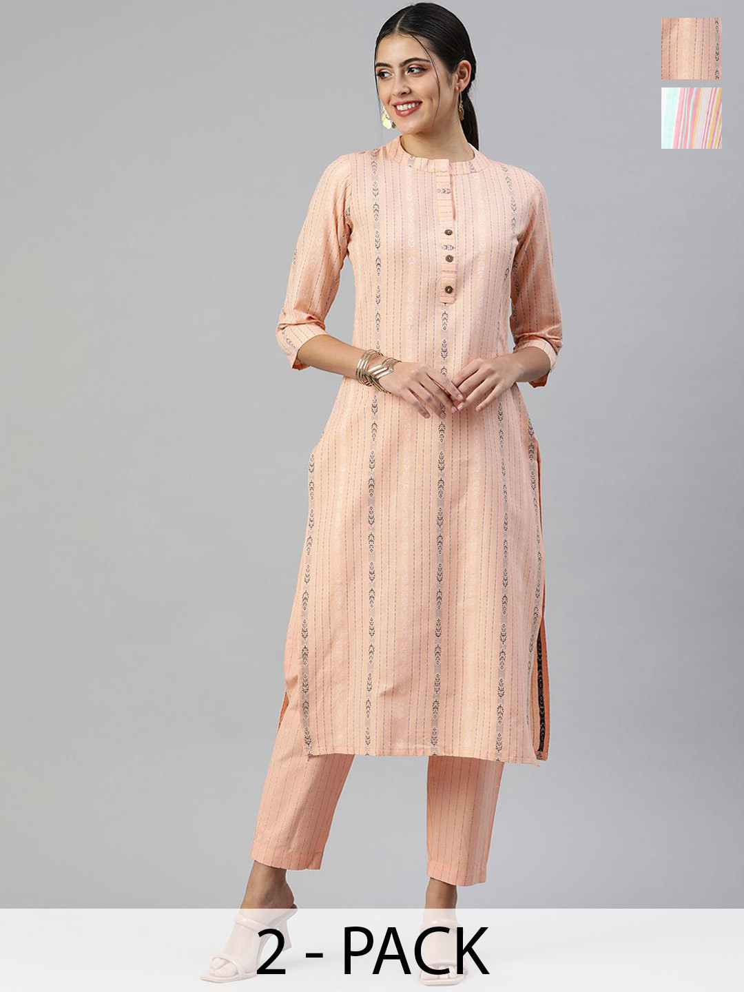 KALINI Selection of 2 Ethnic Motifs Printed Mandarin Collar Straight Kurtas With Trousers, Peach
KALINI Selection of 2 Ethnic Motifs Printed Mandarin Collar Straight Kurtas With Trousers, Peach