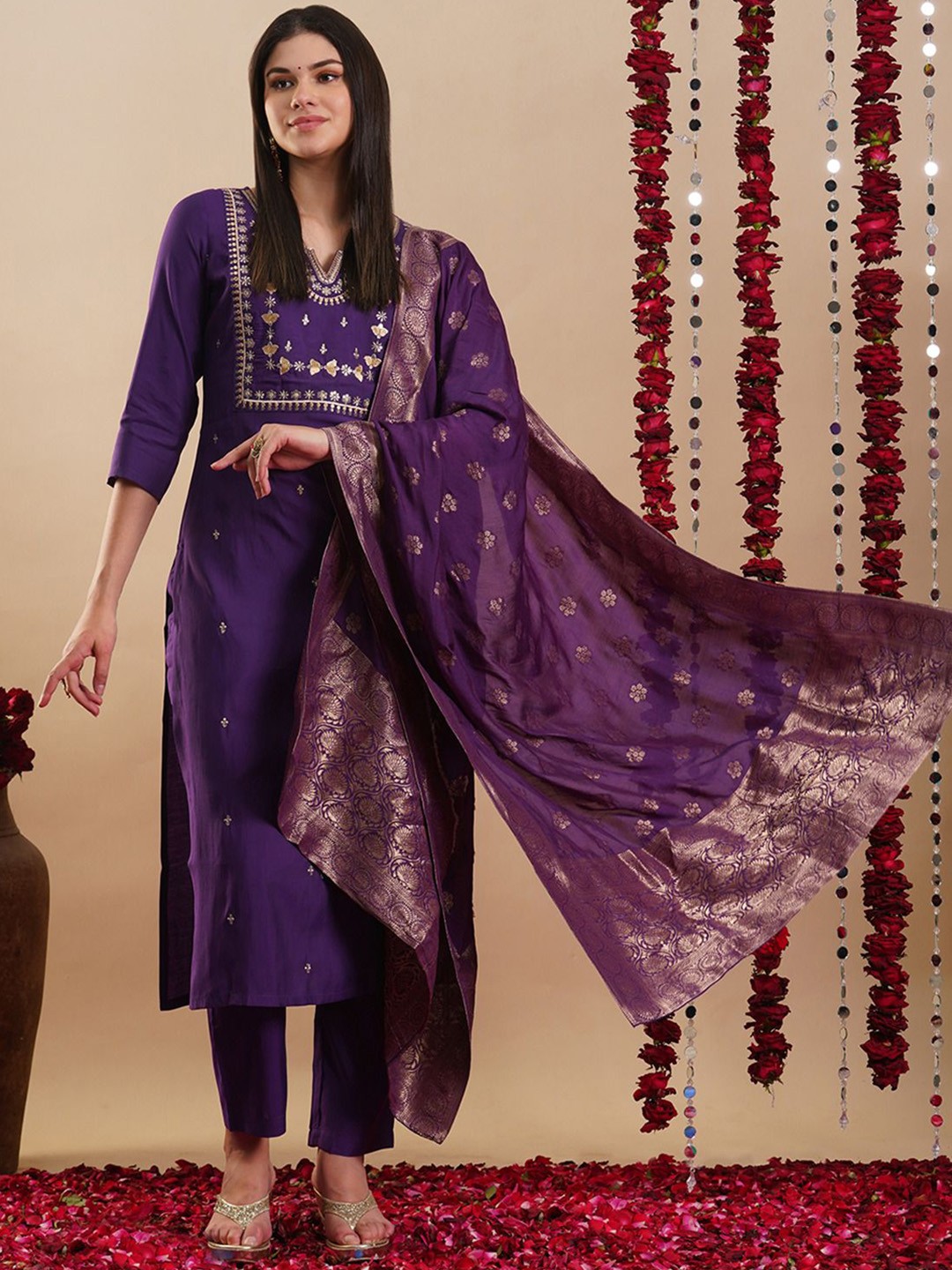Anni Designer Floral Embroidered Notch Neck Straight Kurta With Trousers & Dupatta, Purple
Anni Designer Floral Embroidered Notch Neck Straight Kurta With Trousers & Dupatta, Purple