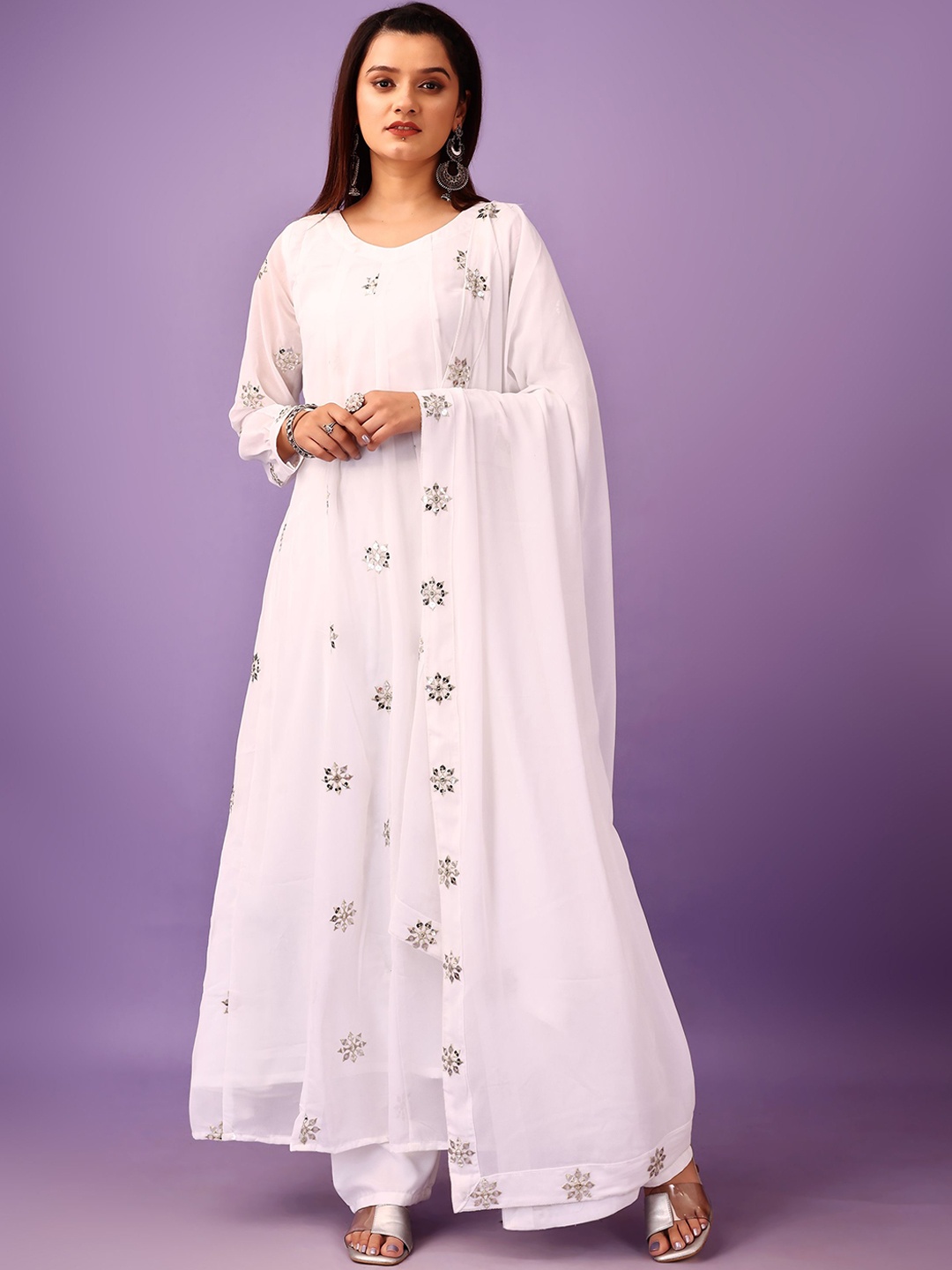Wedani Floral Embroidered Mirror Work Georgette A-Line Kurta With Palazzos And Dupatta, White
Wedani Floral Embroidered Mirror Work Georgette A-Line Kurta With Palazzos And Dupatta, White