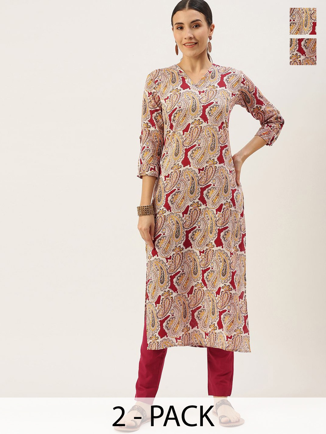 KALINI Selection of 2 Paisley Printed Notch-Neck Straight Kurta With Trousers, Cream
KALINI Selection of 2 Paisley Printed Notch-Neck Straight Kurta With Trousers, Cream