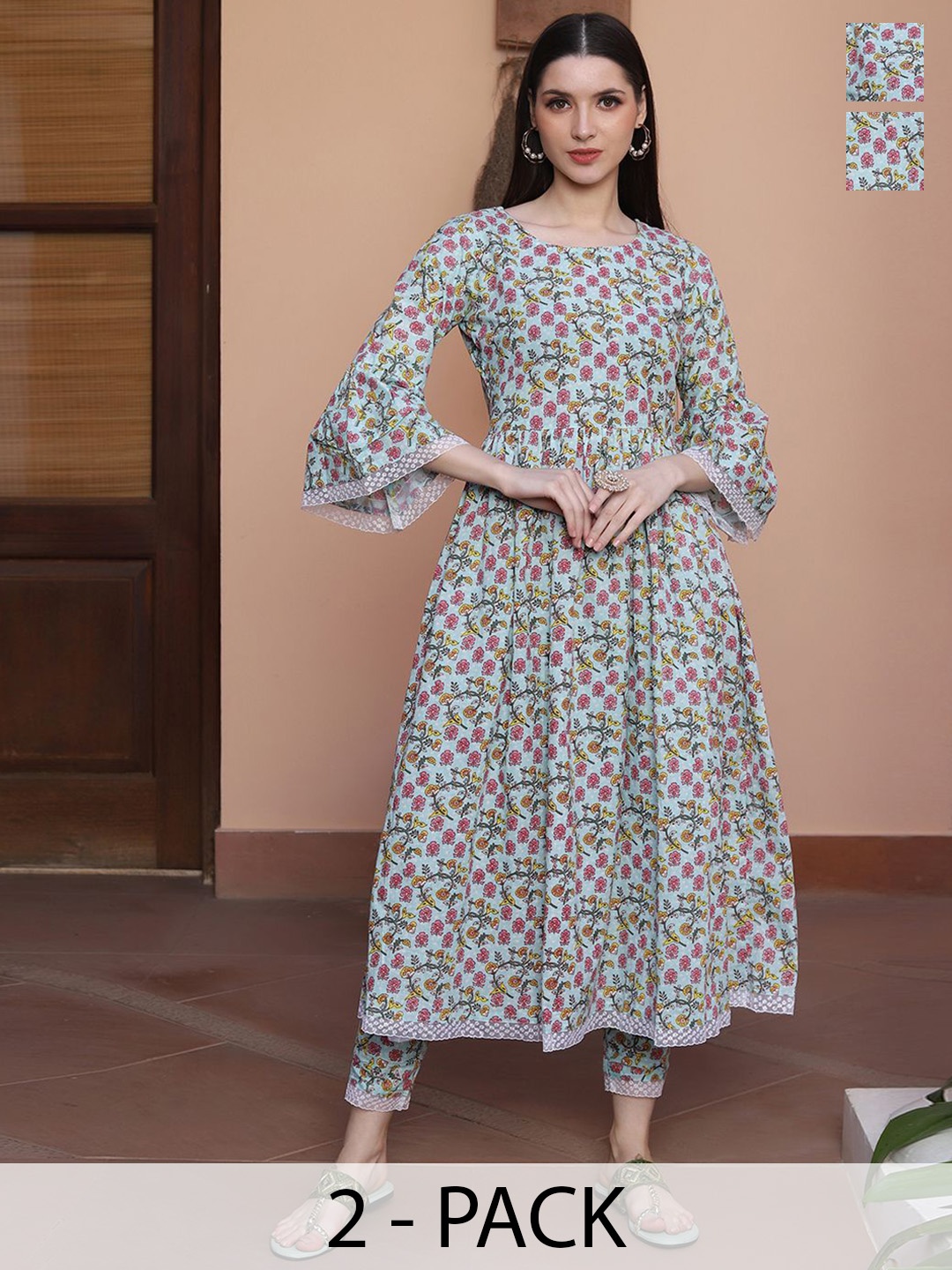KALINI Selection Of 2 Floral Printed Empire Round Neck Anarkali Kurtas With Trousers, Blue
KALINI Selection Of 2 Floral Printed Empire Round Neck Anarkali Kurtas With Trousers, Blue