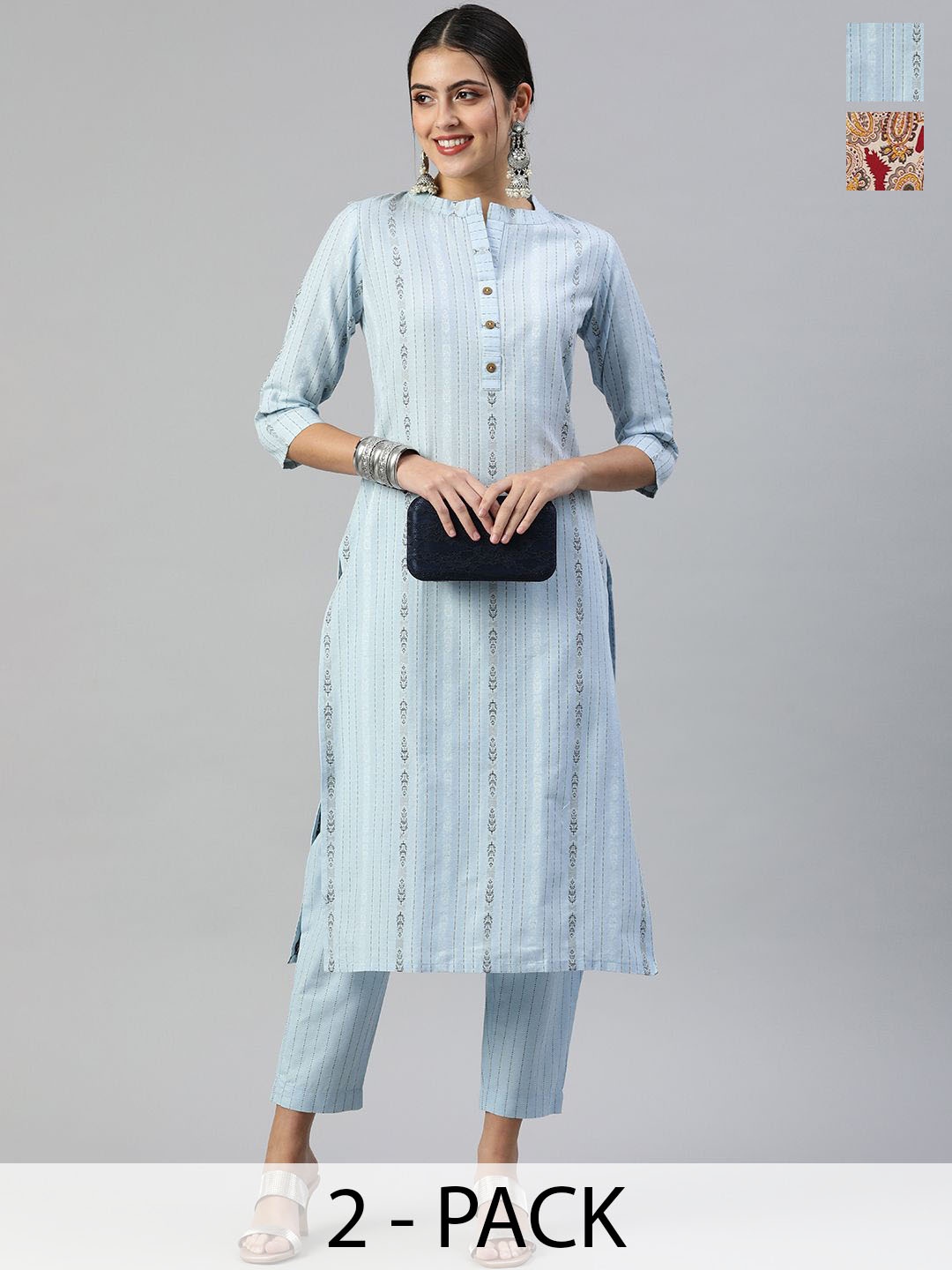 KALINI Selection Of 2 Striped Woven Design Mandarin Collar Straight Kurta With Trousers, Blue
KALINI Selection Of 2 Striped Woven Design Mandarin Collar Straight Kurta With Trousers, Blue