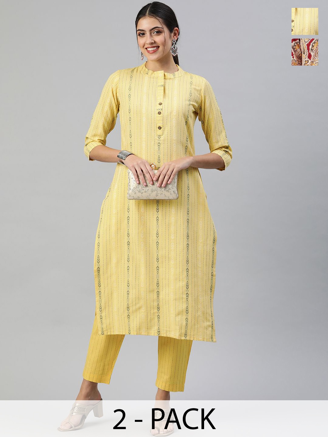 KALINI Selection Of 2 Striped Woven Design Mandarin Collar Straight Kurta With Trousers, Yellow
KALINI Selection Of 2 Striped Woven Design Mandarin Collar Straight Kurta With Trousers, Yellow