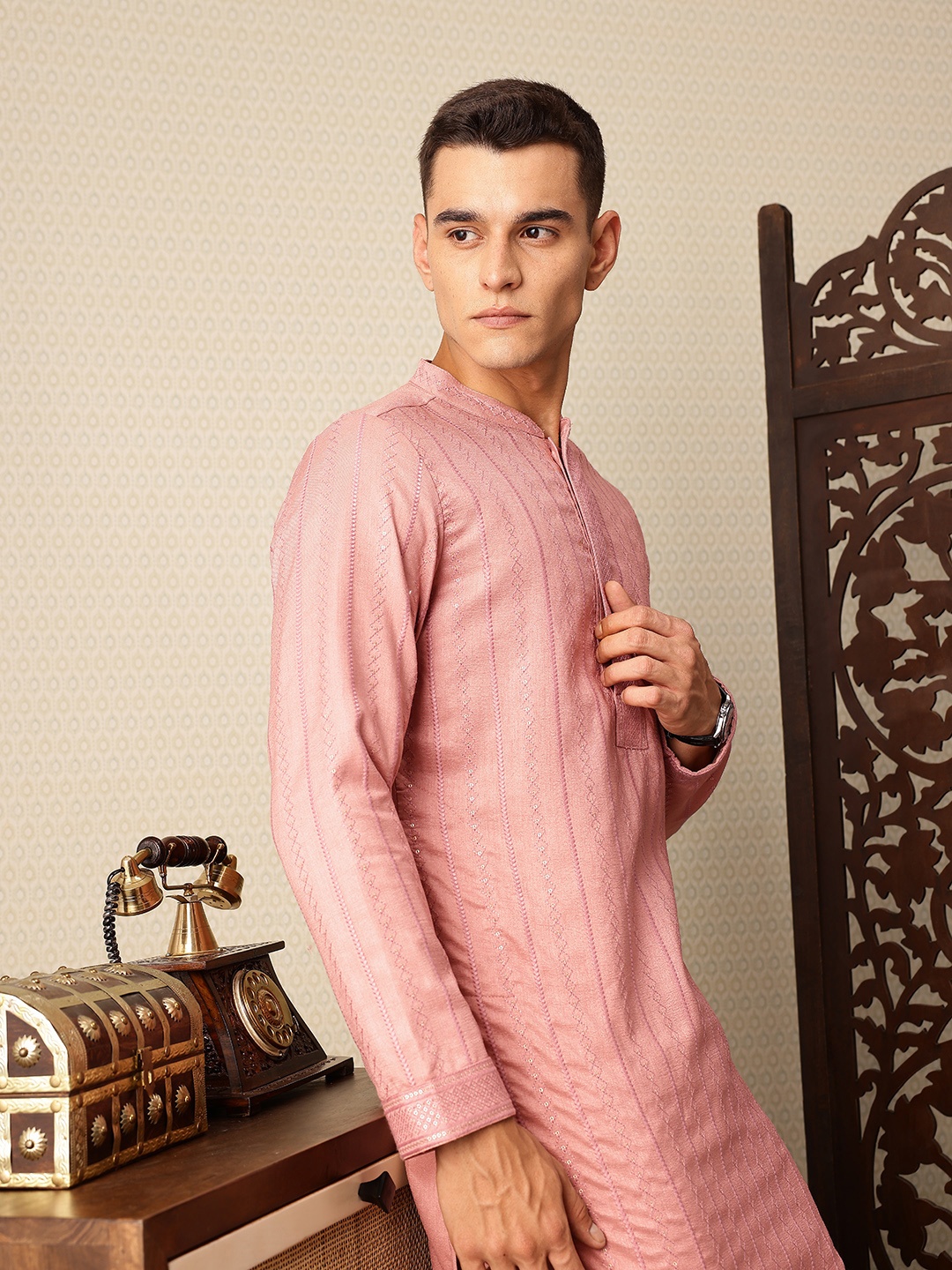 House of Pataudi Embroidered Band Collar Sequinned Jashn Kurta with Churidar, Rose
House of Pataudi Embroidered Band Collar Sequinned Jashn Kurta with Churidar, Rose