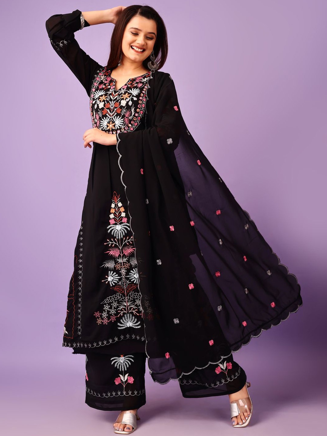 Anara Embroidered Notch Neck Mirror Work Georgette A-Line Kurta With Palazzos & Dupatta, Black
Anara Embroidered Notch Neck Mirror Work Georgette A-Line Kurta With Palazzos & Dupatta, Black