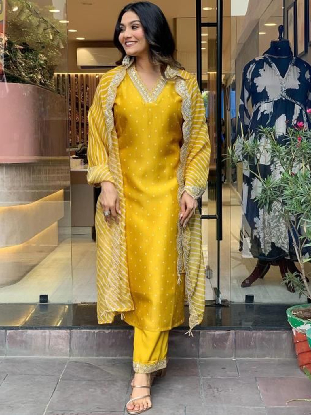 Lookmark Bandhani Printed V-Neck Sequinned Straight Kurta With Trouser And Dupatta, Yellow
Lookmark Bandhani Printed V-Neck Sequinned Straight Kurta With Trouser And Dupatta, Yellow