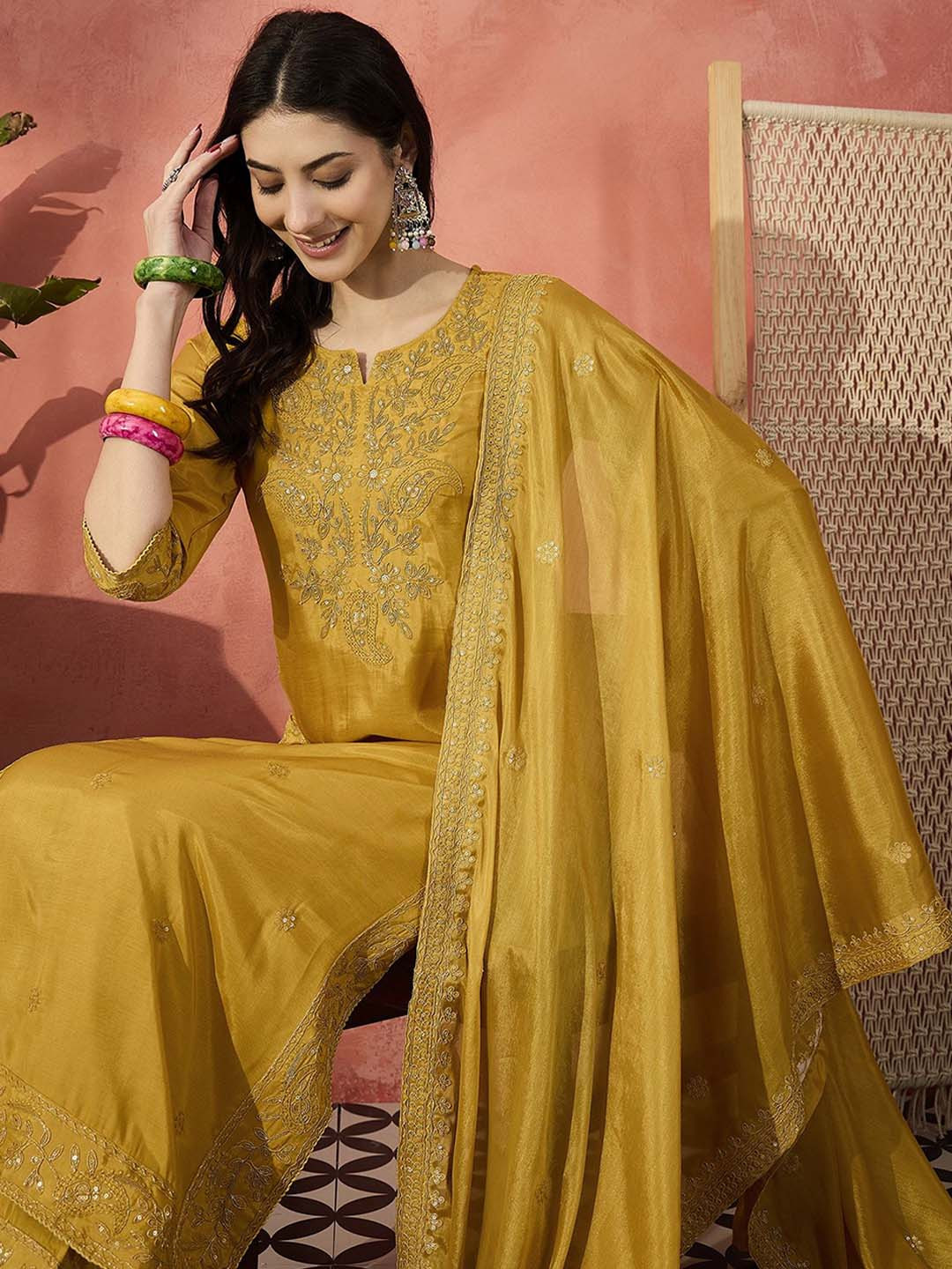 Sangria Mustard Floral Embroidered Notch Neck Straight Kurta With Trousers And Dupatta 
Sangria Mustard Floral Embroidered Notch Neck Straight Kurta With Trousers And Dupatta
