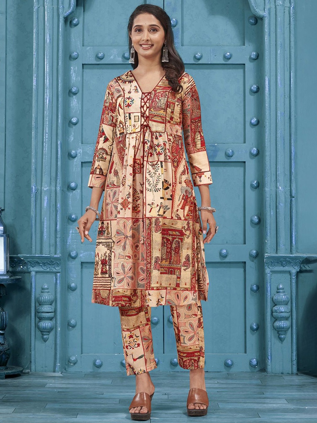 Ekana Ethnic Motifs Block Printed V-Neck Pleated Muslin A-Line Kurta With Trouser, Beige
Ekana Ethnic Motifs Block Printed V-Neck Pleated Muslin A-Line Kurta With Trouser, Beige