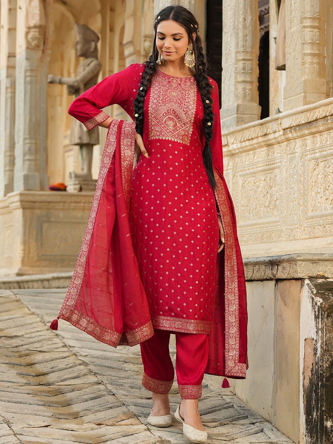 Vama Heritage Jacquard Woven Design Pure Silk Straight Kurta with Trousers And Dupatta, Red
Vama Heritage Jacquard Woven Design Pure Silk Straight Kurta with Trousers And Dupatta, Red