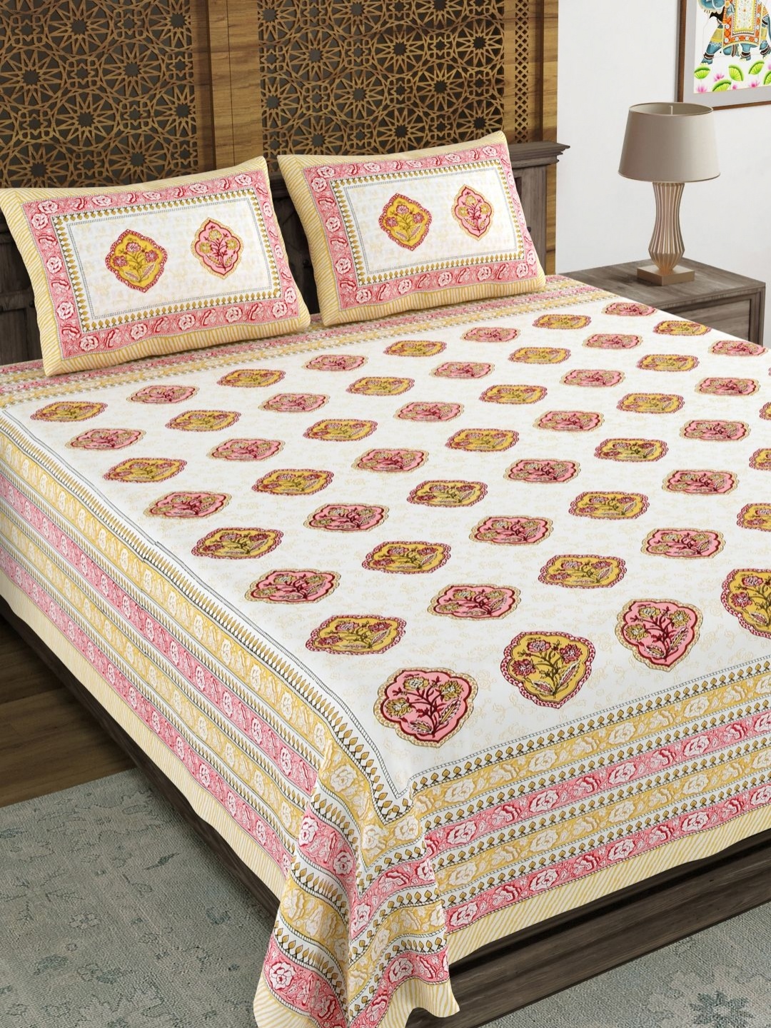 BLOCKS OF INDIA Peach Ethnic Motifs Cotton 210 TC King Bedsheet Set 2.28 m x 2.74 m, White
BLOCKS OF INDIA Peach Ethnic Motifs Cotton 210 TC King Bedsheet Set 2.28 m x 2.74 m, White