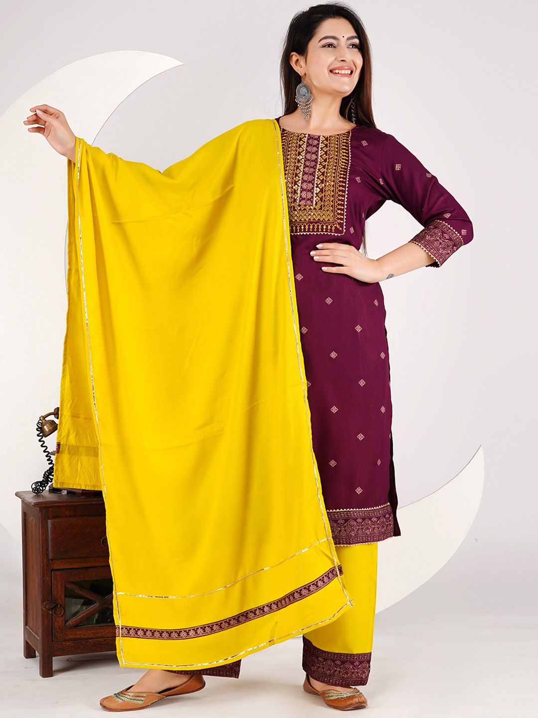 KALINI Women Ethnic Motifs Printed Thread Work Straight Kurta With Palazzo And Dupatta, Maroon
KALINI Women Ethnic Motifs Printed Thread Work Straight Kurta With Palazzo And Dupatta, Maroon