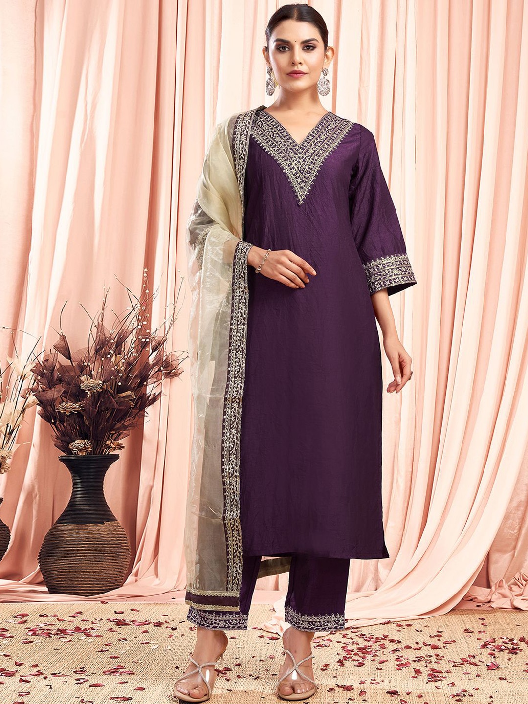 KALINI Zari Ethnic Motifs Embroidered V-Neck Straight Kurta With Trouser And Dupatta, Magenta
KALINI Zari Ethnic Motifs Embroidered V-Neck Straight Kurta With Trouser And Dupatta, Magenta