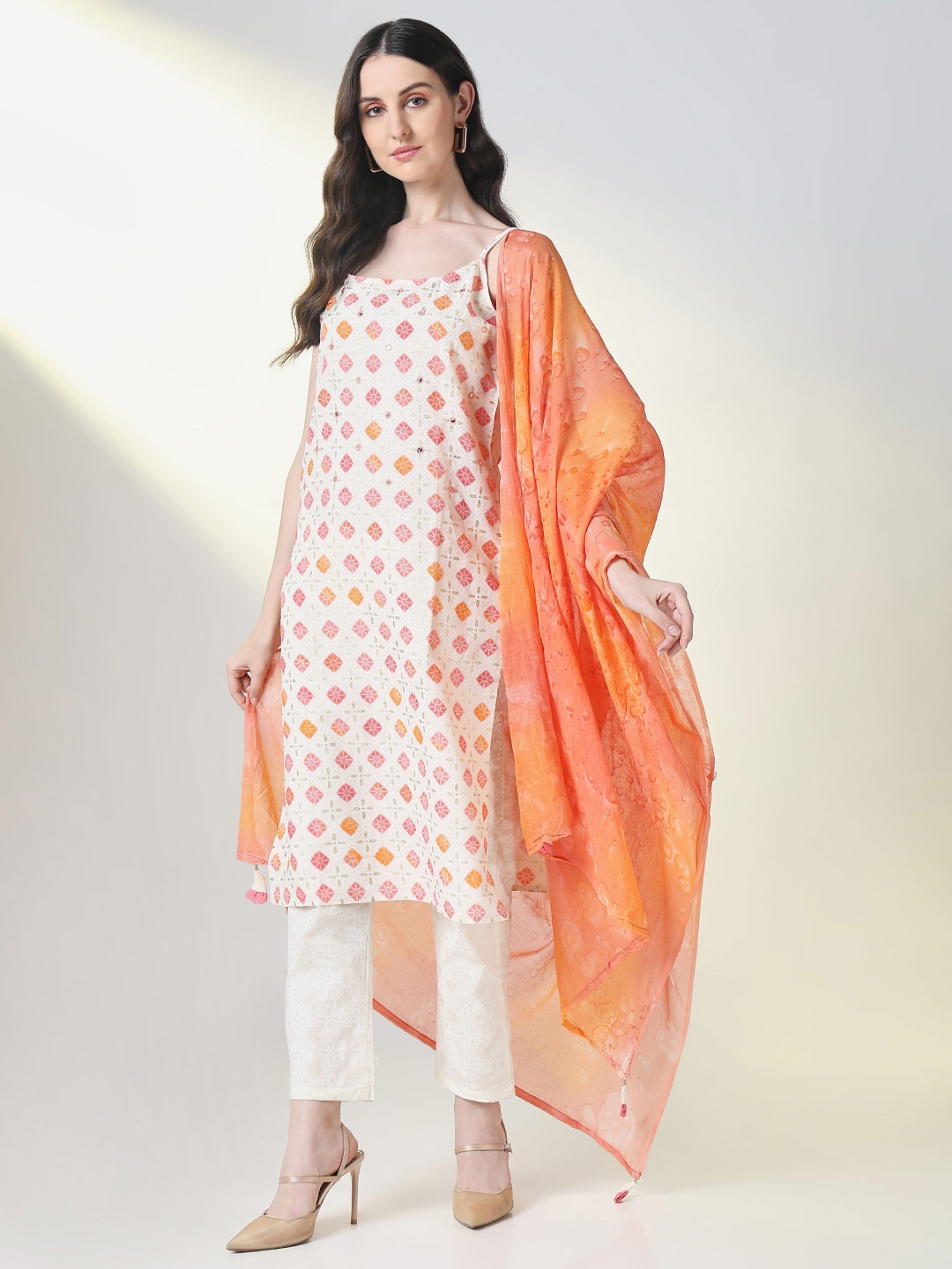 SHOWOFF Ethnic Motifs Printed Mirror Work Threak Work Kurta with Trousers & Dupatta, Cream
SHOWOFF Ethnic Motifs Printed Mirror Work Threak Work Kurta with Trousers & Dupatta, Cream