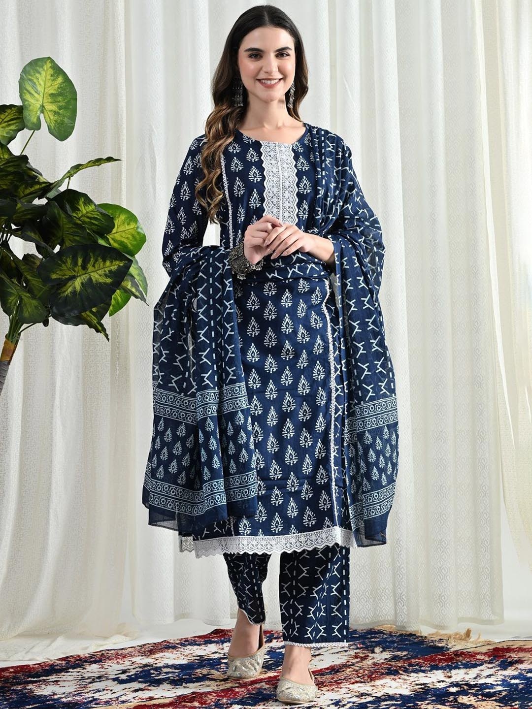 SIJOPA Ethnic Motifs Printed Thread Work Pure Cotton Kurta with Trousers And Dupatta, Navy blue
SIJOPA Ethnic Motifs Printed Thread Work Pure Cotton Kurta with Trousers And Dupatta, Navy blue