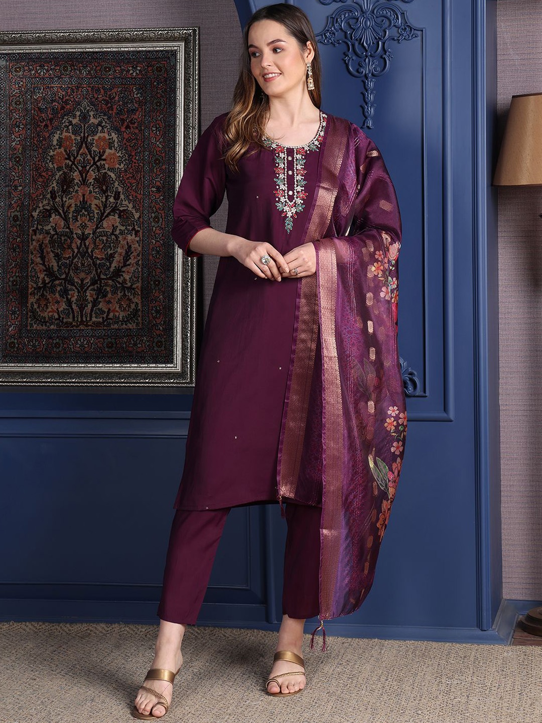 KALINI Women Floral Embroidered Round Neck Straight Kurta With Trouser And Dupatta, Purple
KALINI Women Floral Embroidered Round Neck Straight Kurta With Trouser And Dupatta, Purple