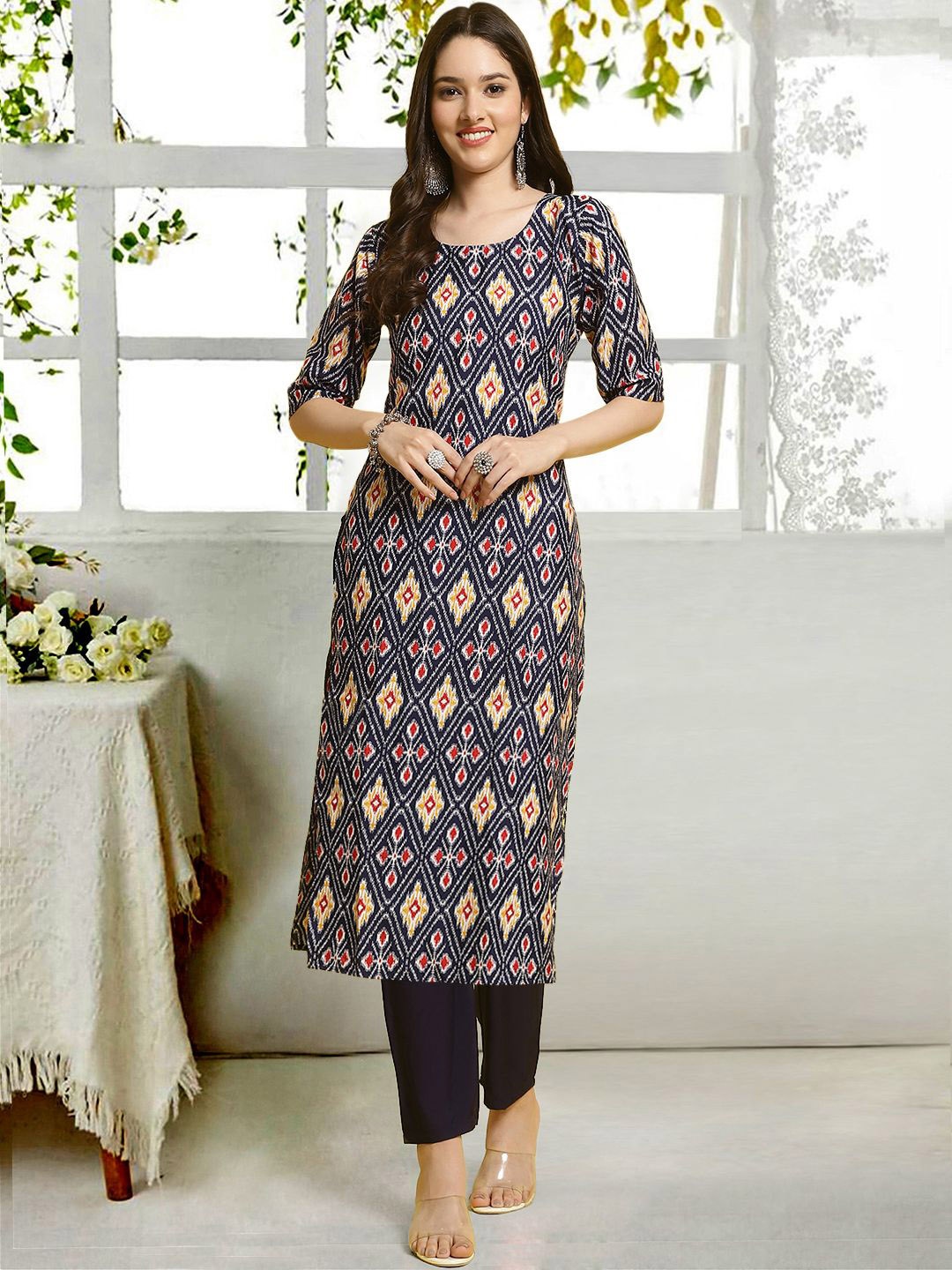 7Threads Ethnic Motifs Printed Round Neck Straight Kurta With Trousers, Navy blue
7Threads Ethnic Motifs Printed Round Neck Straight Kurta With Trousers, Navy blue