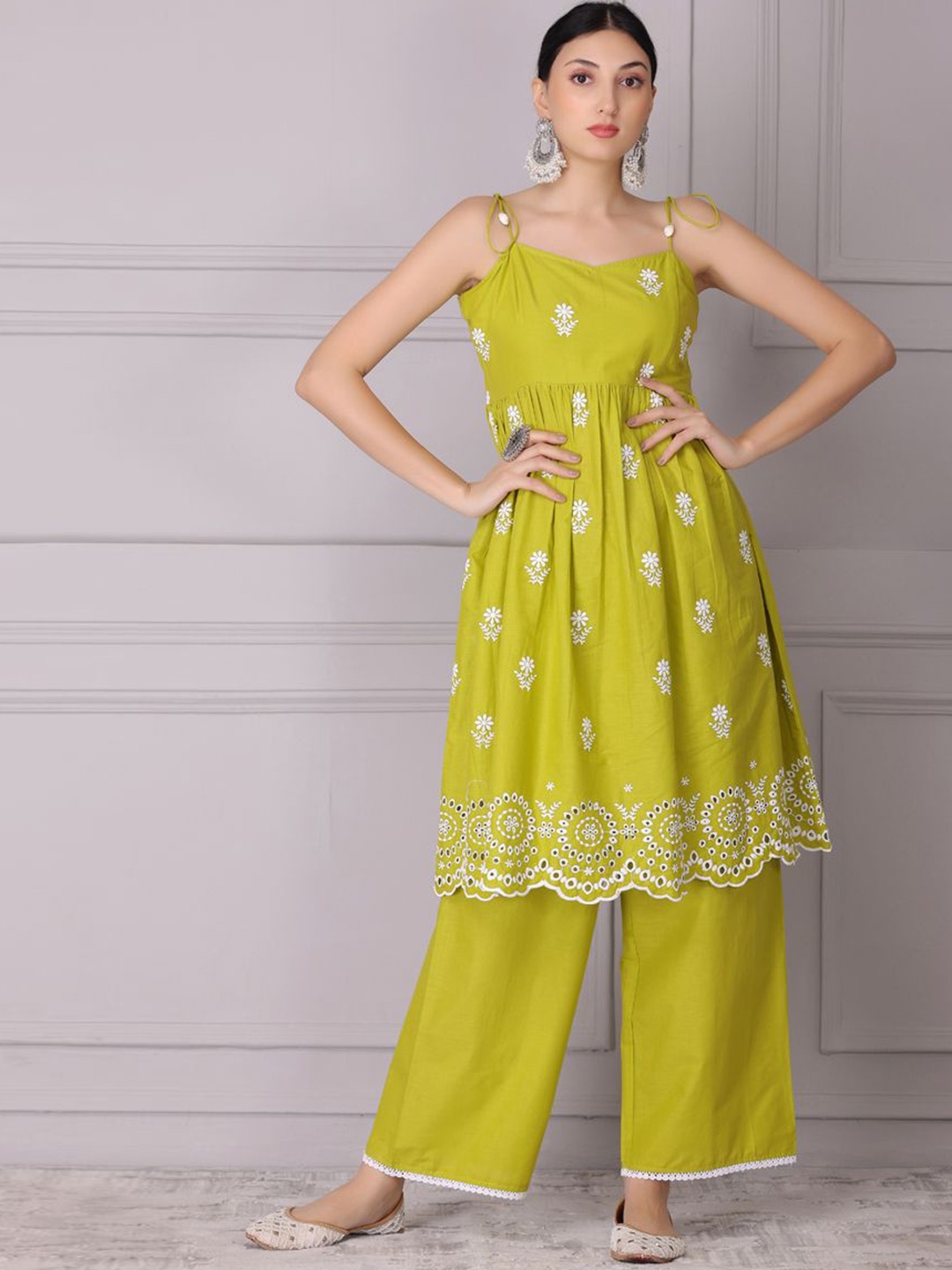SEW Floral Printed Shoulder Straps Neck Pure Cotton Anarkali Kurta With Palazzos, Olive
SEW Floral Printed Shoulder Straps Neck Pure Cotton Anarkali Kurta With Palazzos, Olive