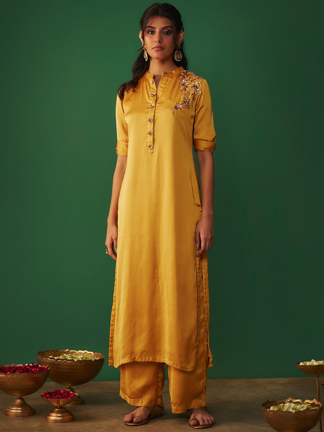 Mehak Murpana Mandarin Collar Beads & Stones Satin Straight Kurta With Palazzos, Mustard
Mehak Murpana Mandarin Collar Beads & Stones Satin Straight Kurta With Palazzos, Mustard