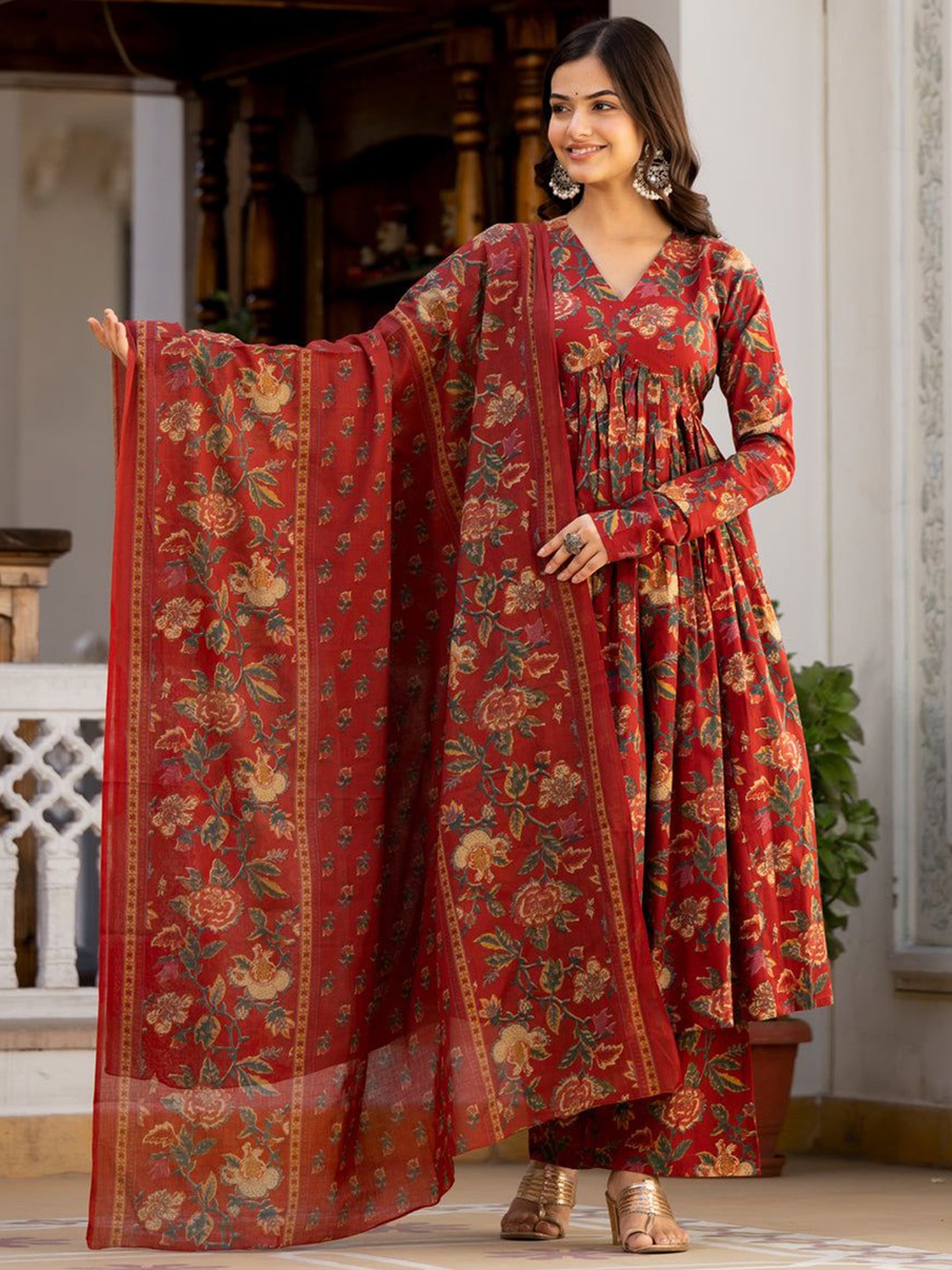 V.S.Creation Floral Printed V-Neck Anarkali Pure Cotton Kurta With Palazzo And Dupatta, Red
V.S.Creation Floral Printed V-Neck Anarkali Pure Cotton Kurta With Palazzo And Dupatta, Red