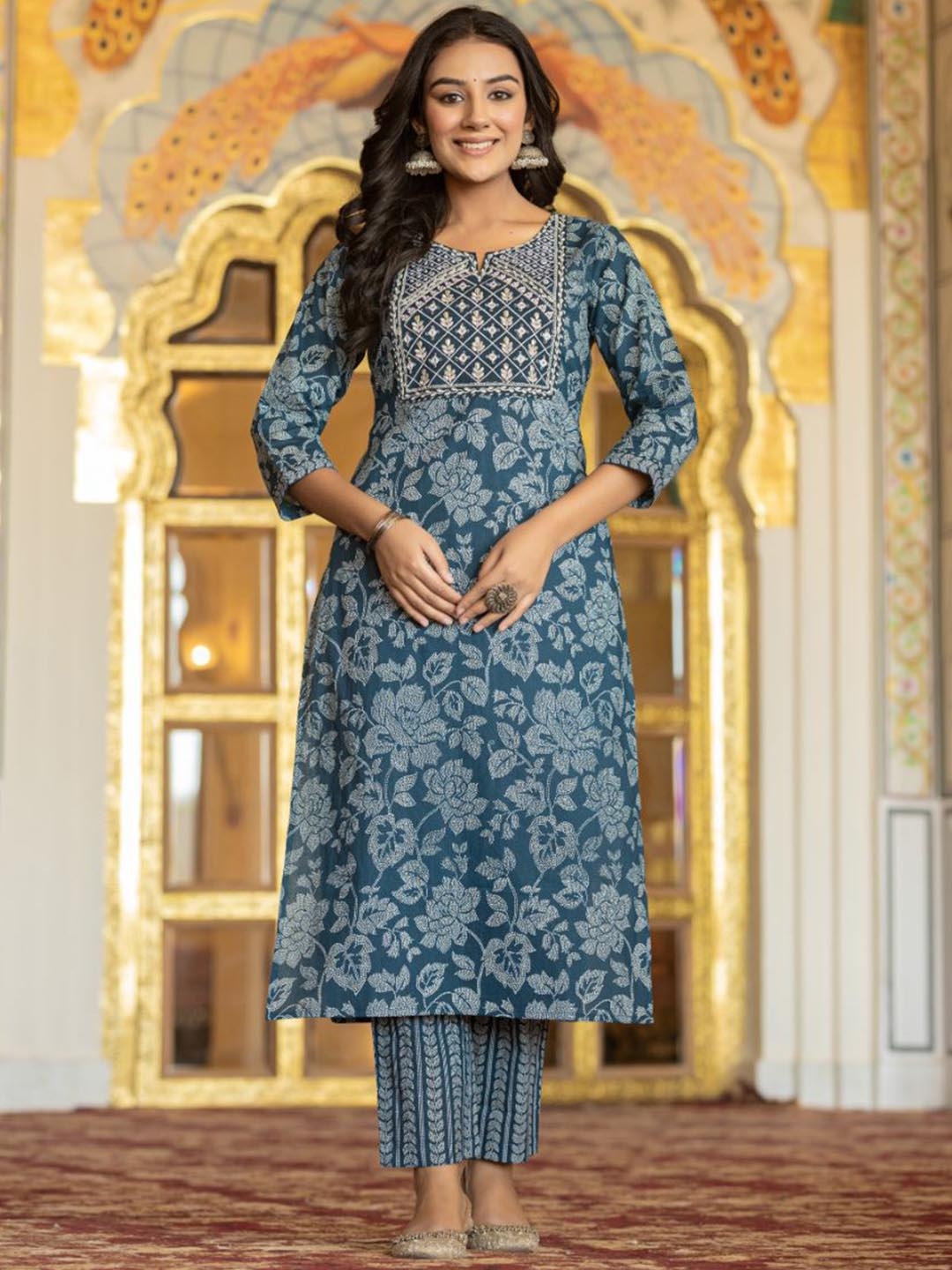 AARDRAA Flora; Printed Notch Neck Pure Cotton Straight Kurta With Trousers And Dupatta, Blue
AARDRAA Flora; Printed Notch Neck Pure Cotton Straight Kurta With Trousers And Dupatta, Blue