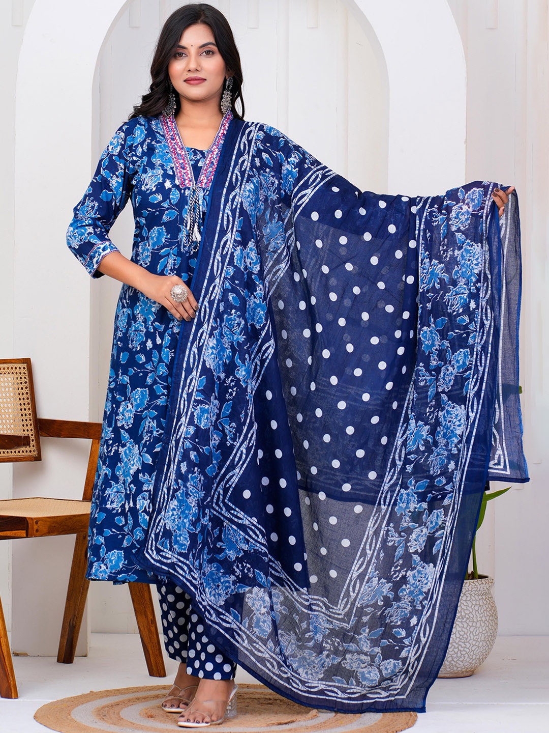 KALINI Floral Printed V-Neck Pure Cotton Anarkali Kurta With Trousers And Dupatta, Blue
KALINI Floral Printed V-Neck Pure Cotton Anarkali Kurta With Trousers And Dupatta, Blue