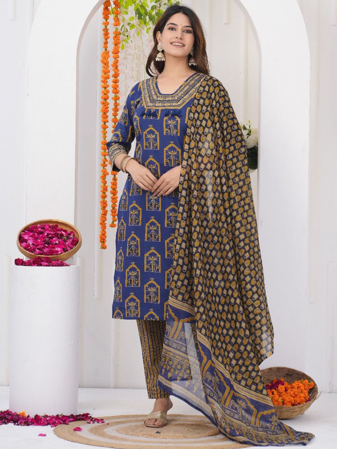 KALINI Ethnic Motifs Printed Mirror Work Pure Cotton Kurta With Trousers And Dupatta, Blue
KALINI Ethnic Motifs Printed Mirror Work Pure Cotton Kurta With Trousers And Dupatta, Blue