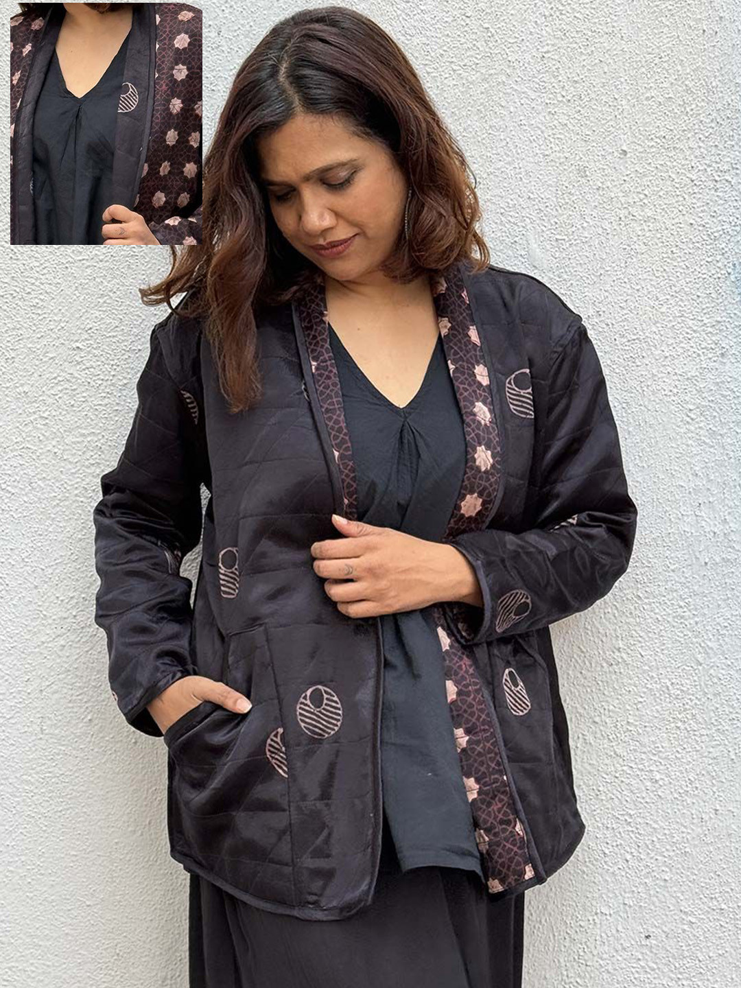 Chidiyaa Women Shawl Collar Conversational Printed Casual Reversible Tailored Jacket, Black
Chidiyaa Women Shawl Collar Conversational Printed Casual Reversible Tailored Jacket, Black