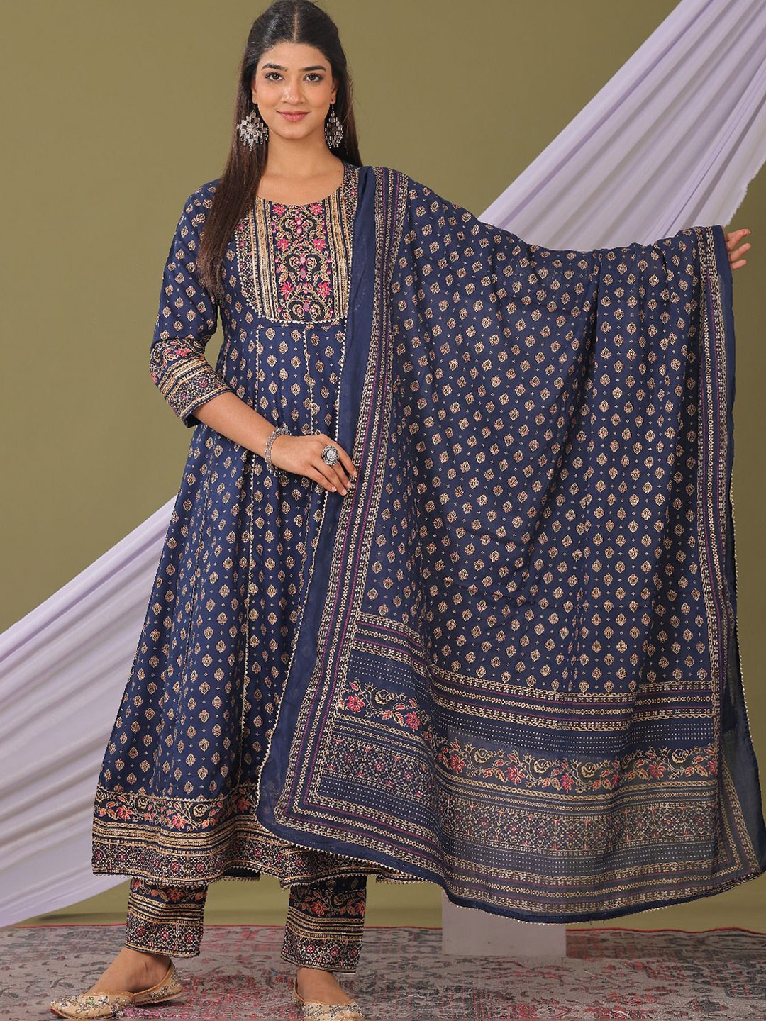 KALINI Ethnic Motifs Printed Thread Work Anarkali Kurta With Trousers And Dupatta, Blue
KALINI Ethnic Motifs Printed Thread Work Anarkali Kurta With Trousers And Dupatta, Blue