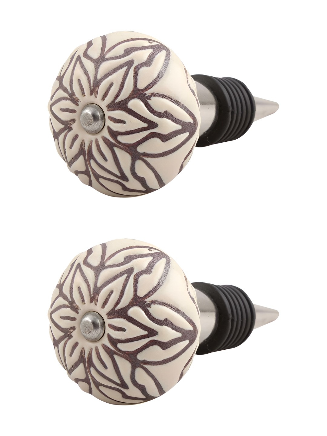 Indianshelf Cream Coloured & Brown 2 Pieces Floral Printed Metal Wine Bottle Stoppers
Indianshelf Cream Coloured & Brown 2 Pieces Floral Printed Metal Wine Bottle Stoppers