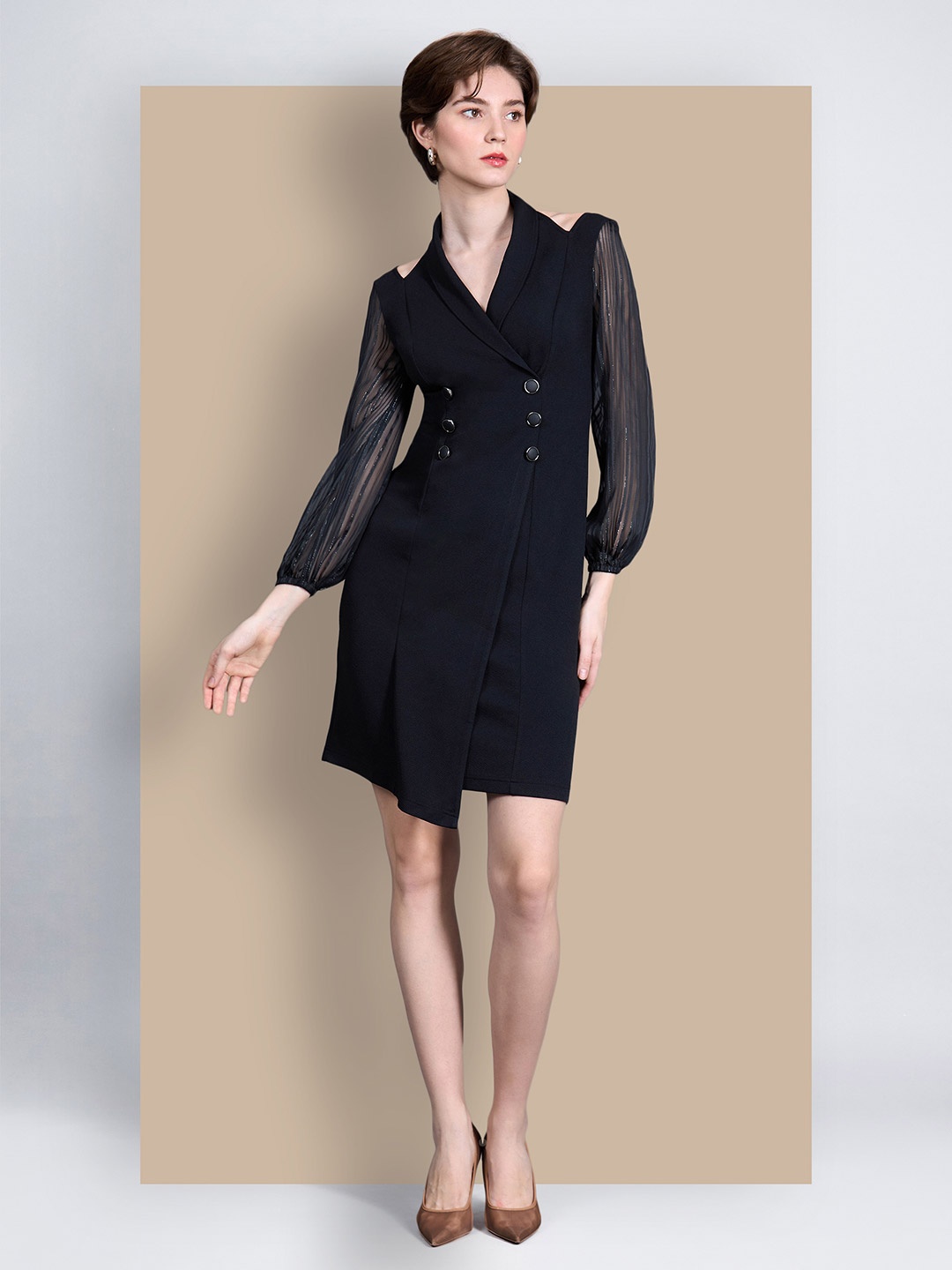 Chemistry Women Shawl Collar Bishop Sleeves Double Breasted Knee Length Work wear Dress, Black
Chemistry Women Shawl Collar Bishop Sleeves Double Breasted Knee Length Work wear Dress, Black