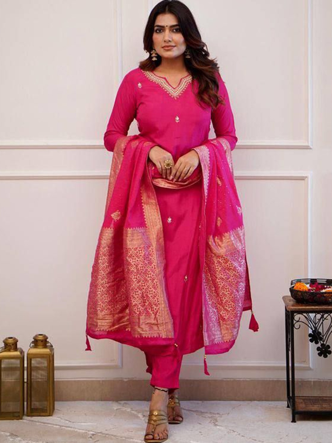 PARNAVI Floral Embroidered Notch Neck Chanderi Cotton Kurta With Trousers And Dupatta, Pink
PARNAVI Floral Embroidered Notch Neck Chanderi Cotton Kurta With Trousers And Dupatta, Pink