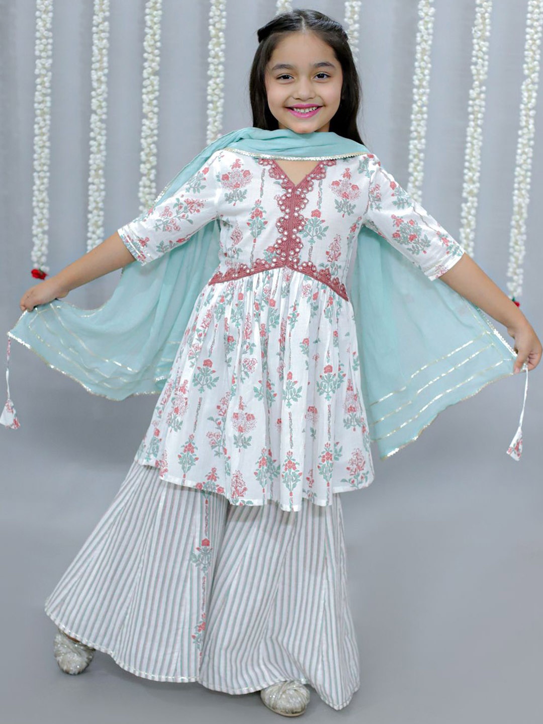 Ka-mee Girls Floral Printed Mirror Work Pure Cotton Kurta With Palazzos And Dupatta, White
Ka-mee Girls Floral Printed Mirror Work Pure Cotton Kurta With Palazzos And Dupatta, White