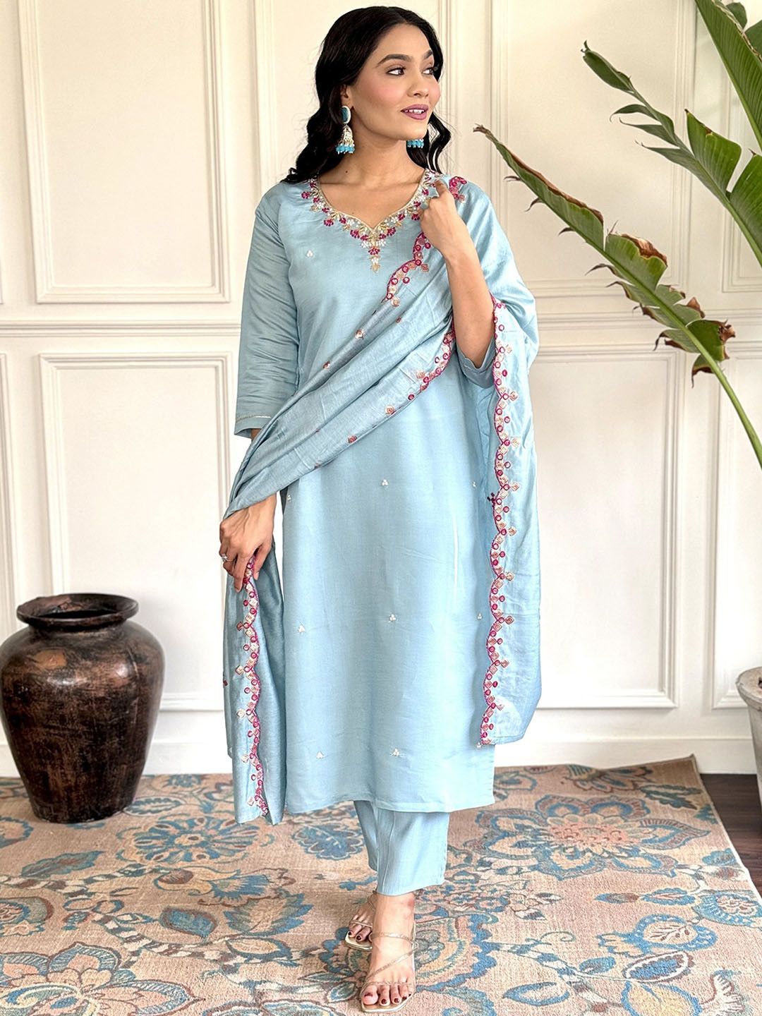 PARNAVI Floral Yoke Design Thread Work Chanderi Cotton Kurta With Trousers And Dupatta, Blue
PARNAVI Floral Yoke Design Thread Work Chanderi Cotton Kurta With Trousers And Dupatta, Blue
