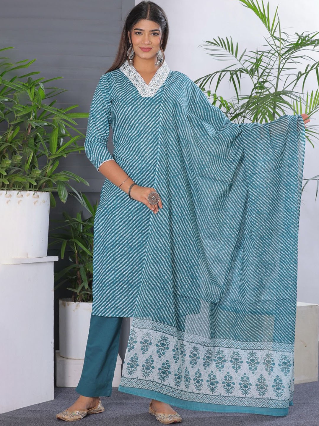 KALINI Women Leheriya Printed Regular Thread Work Pure Cotton Kurta with Trousers & With Dupatta, Sea green
KALINI Women Leheriya Printed Regular Thread Work Pure Cotton Kurta with Trousers & With Dupatta, Sea green