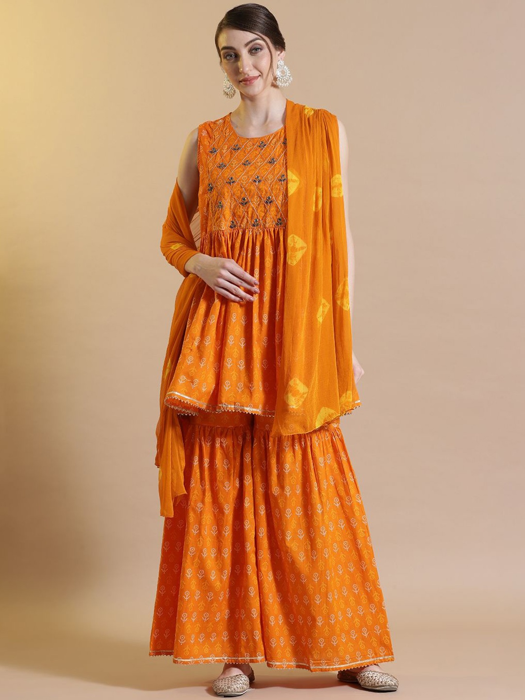 STYLEBAAZI Bandhani Embroidered Empire Pure Cotton Anarkali Kurta With Sharara & Dupatta, Orange
STYLEBAAZI Bandhani Embroidered Empire Pure Cotton Anarkali Kurta With Sharara & Dupatta, Orange
